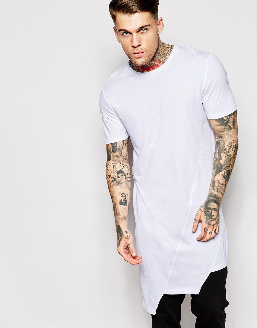 Lyst Asos Extreme Longline T Shirt With Asymmetric Hem Panels In White For Men