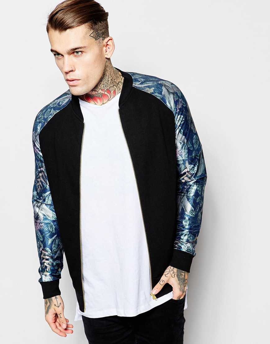 Lyst - Asos Bomber Jacket With Floral Print Sleeves in Black for Men