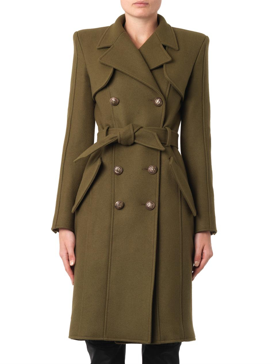Balmain Doublebreasted Wool Trench Coat in Green | Lyst