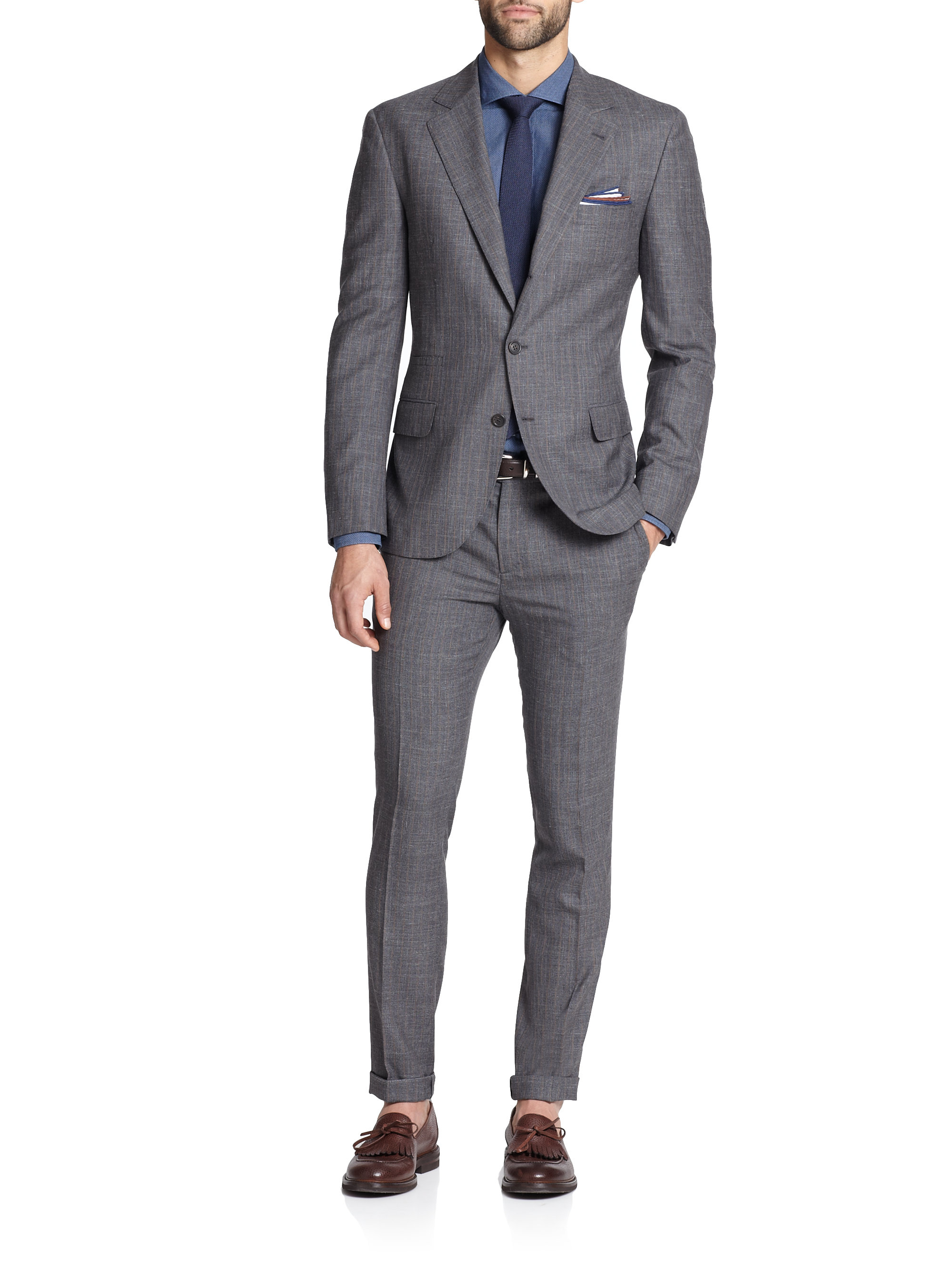 Brunello cucinelli Wool-blend Pinstriped Suit in Gray for Men | Lyst