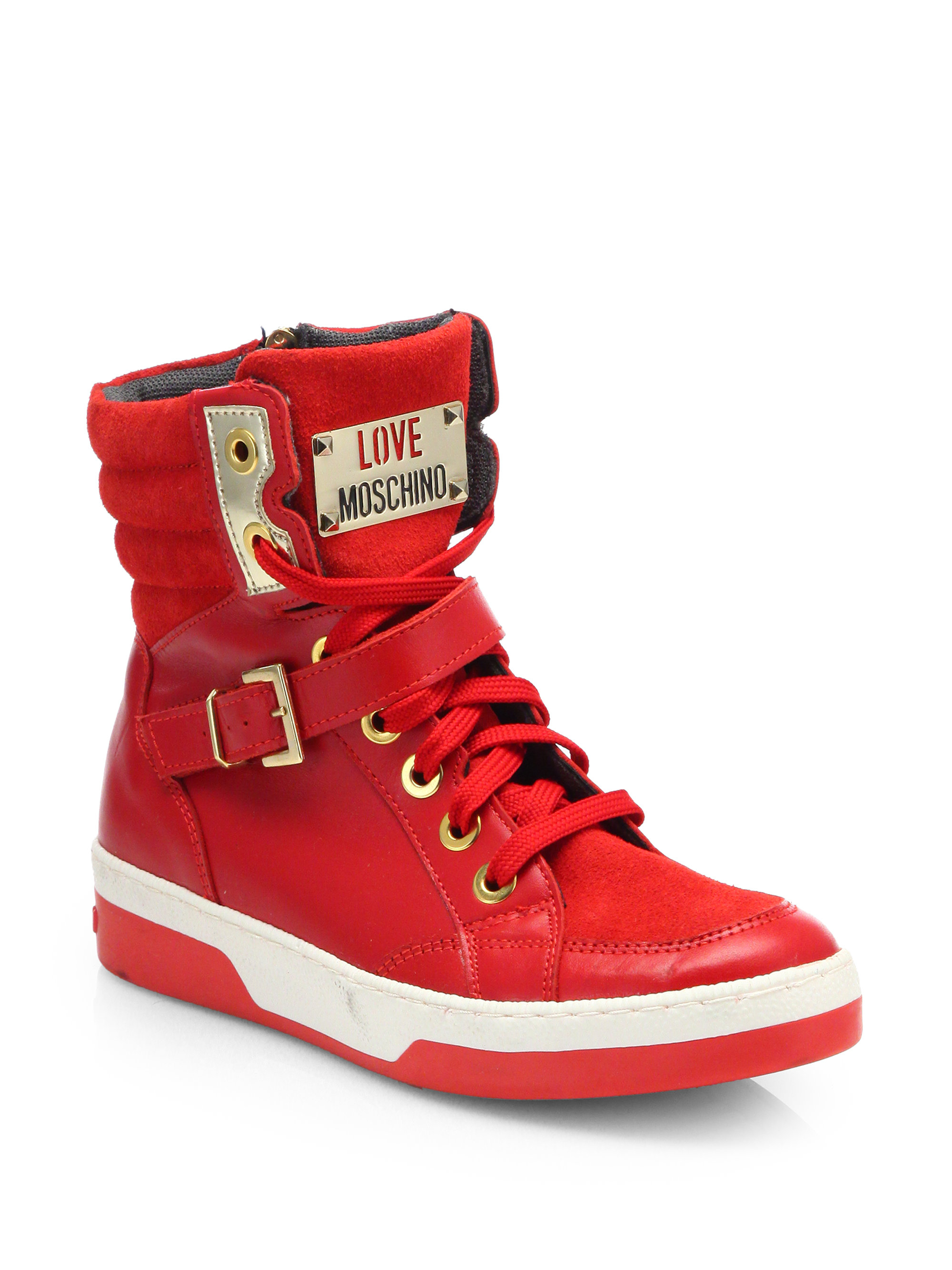 Lyst - Love Moschino Chain Leather Hightop Sneakers in Red