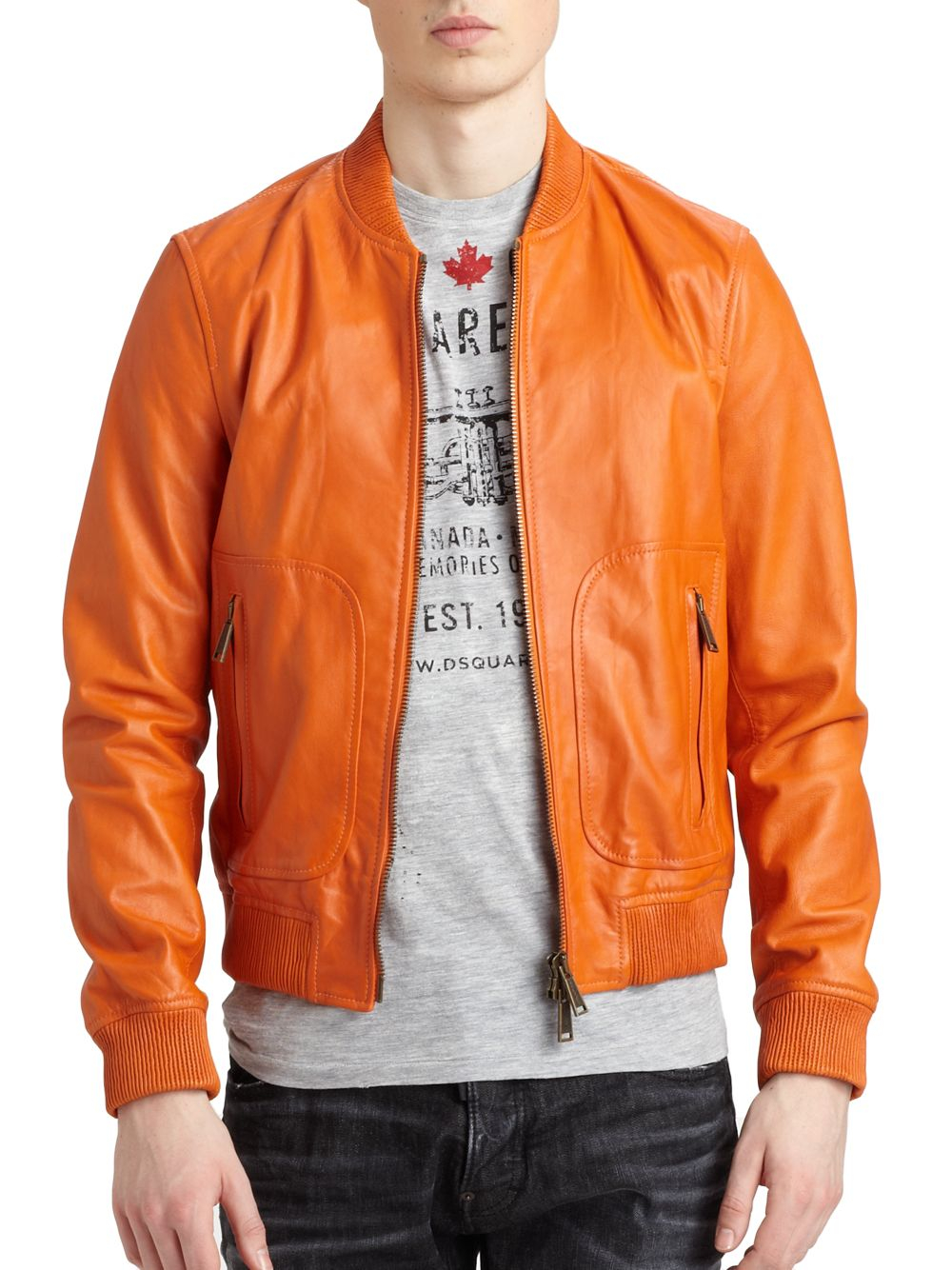 Lyst - Dsquared² Leather Bomber Jacket in Orange for Men