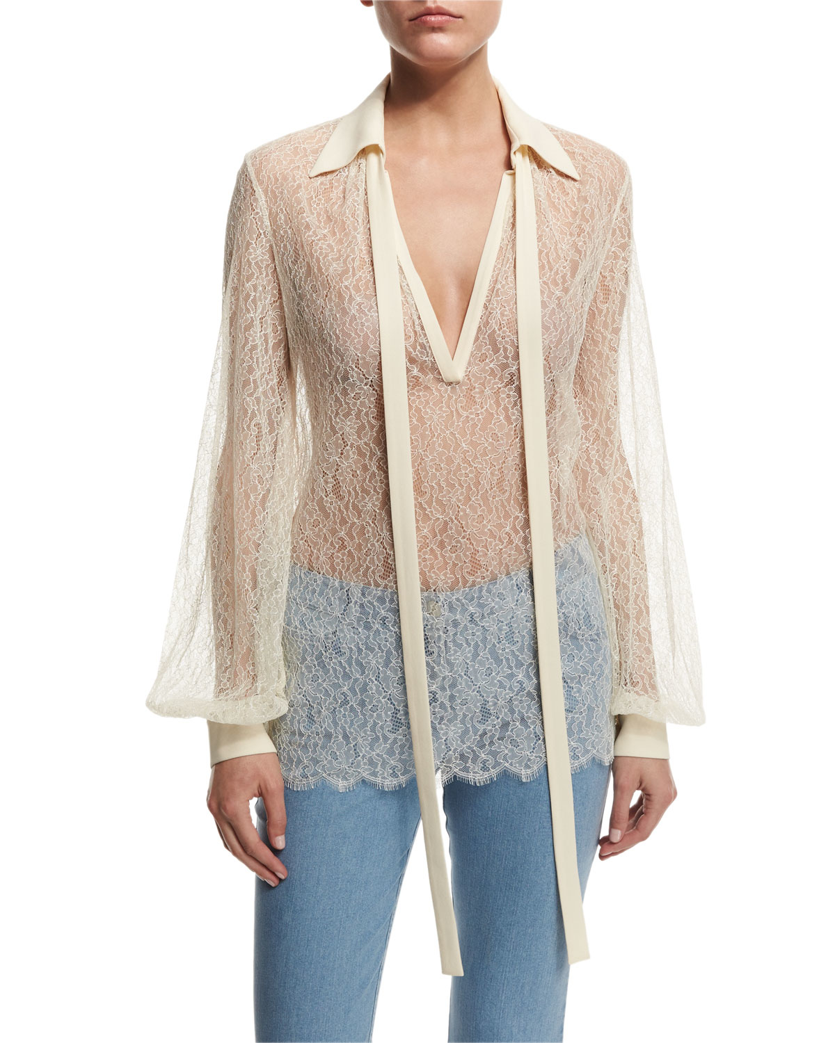 michael kors sleeve self tie sheer lace blouse in lyst michael kors sleeve self tie sheer lace blouse in lyst