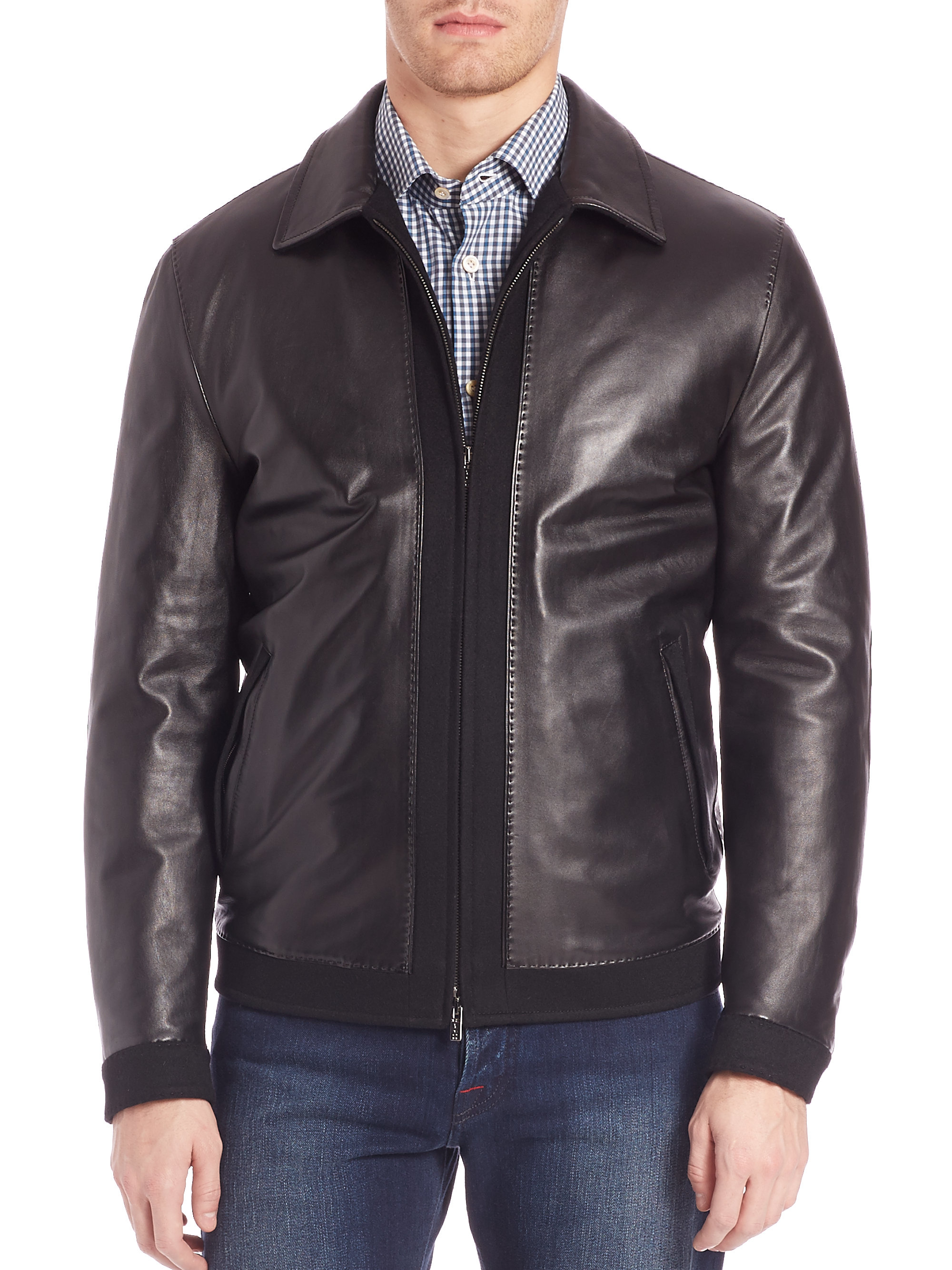 Lyst - Kiton Mixed-media Leather Bomber Jacket in Black for Men