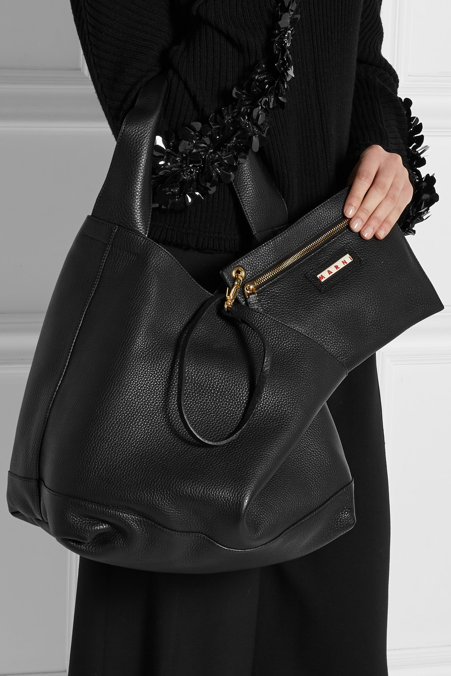 Marni Hobo Medium Textured-Leather Shoulder Bag in Black | Lyst