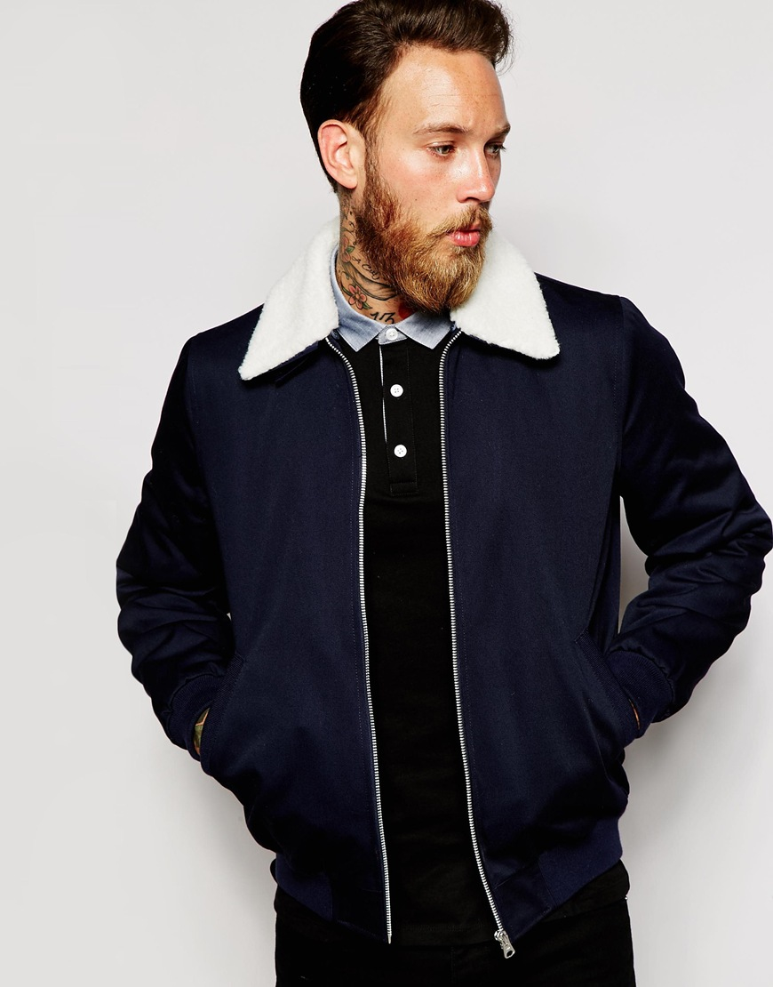 Asos Harrington Jacket With Faux Shearling Collar in Blue for Men