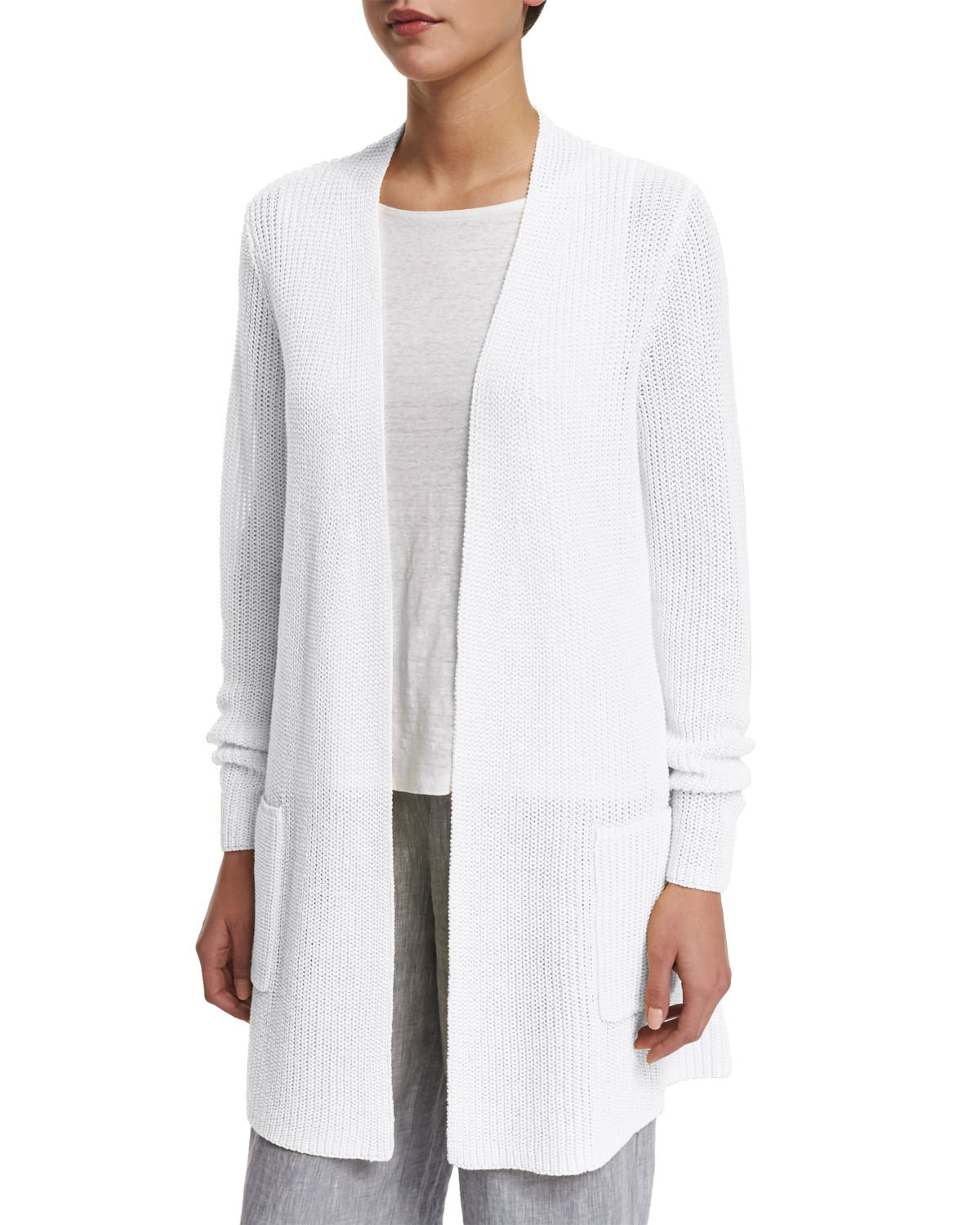 Eileen Fisher Long Organic Linen Cardigan With Pockets in White - Lyst