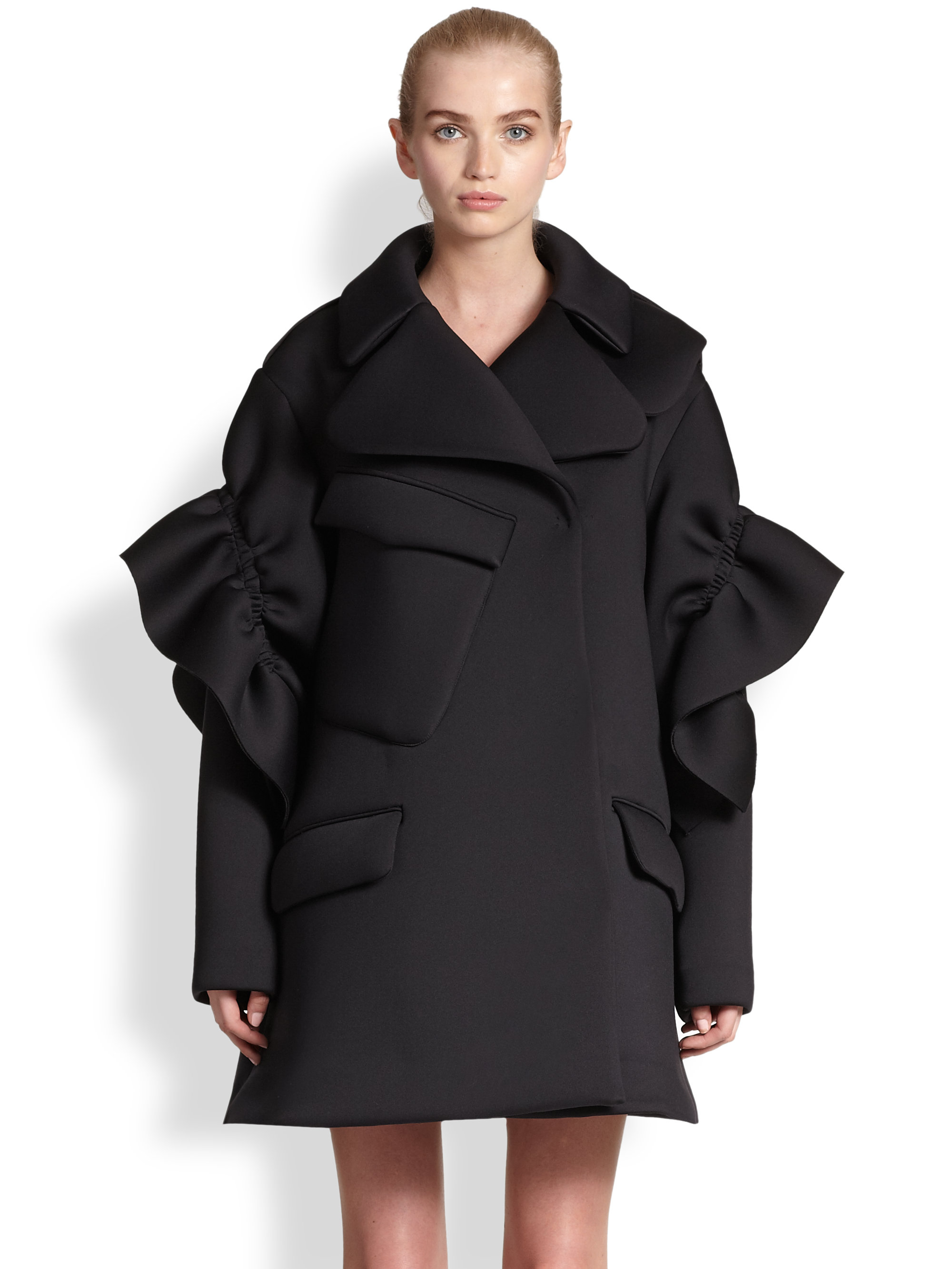 Simone rocha Ruched-Shoulder Scuba Coat in Black | Lyst