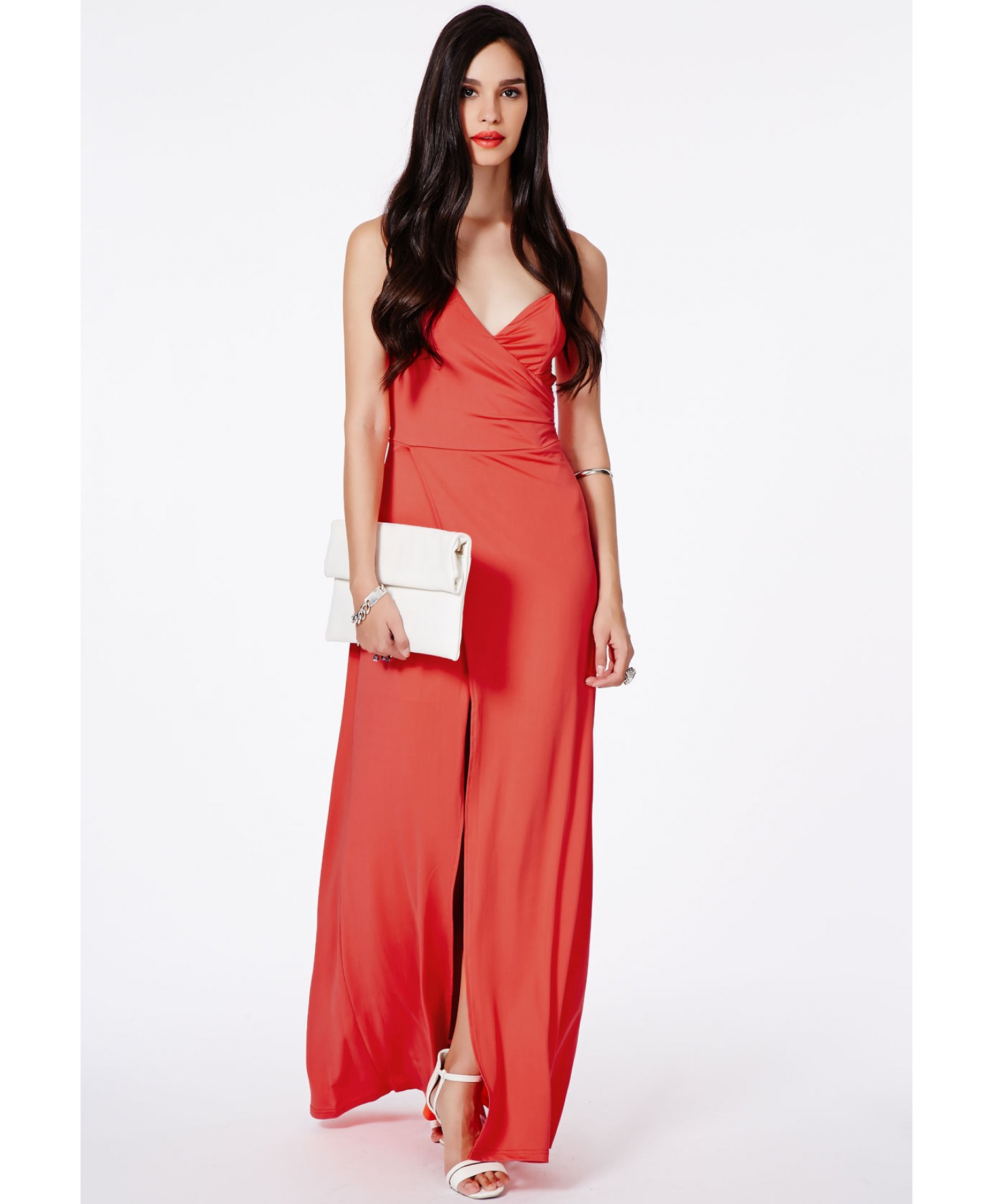 Lyst - Missguided Koemi Coral One Shoulder Bustier Split Maxi Dress in Red