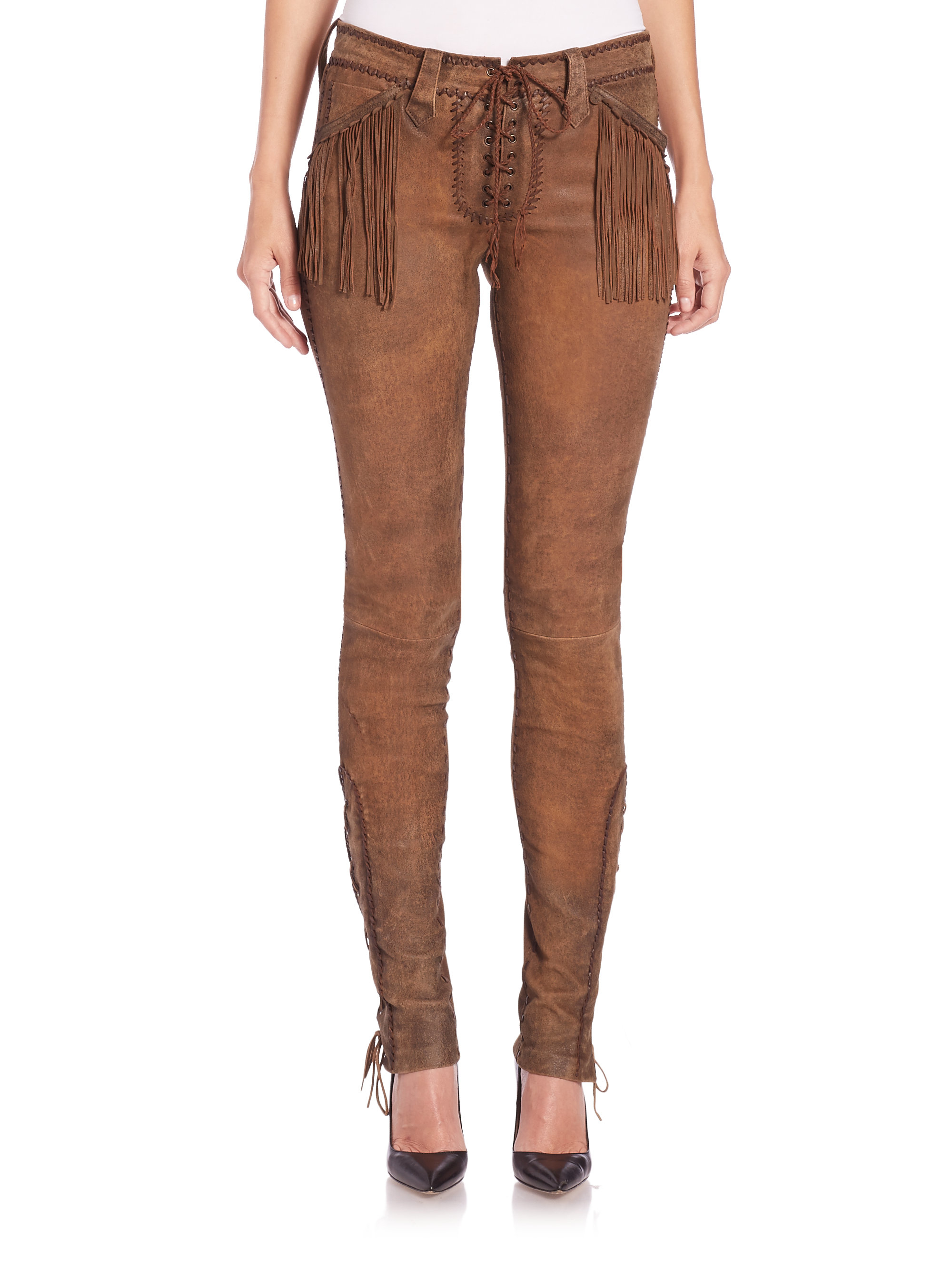Lyst - Polo Ralph Lauren Fringed Stretch Leather Pants in Brown