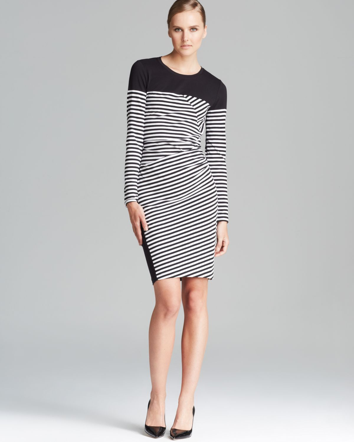 Lyst Dkny  Stripe Side Ruched Dress  in Black