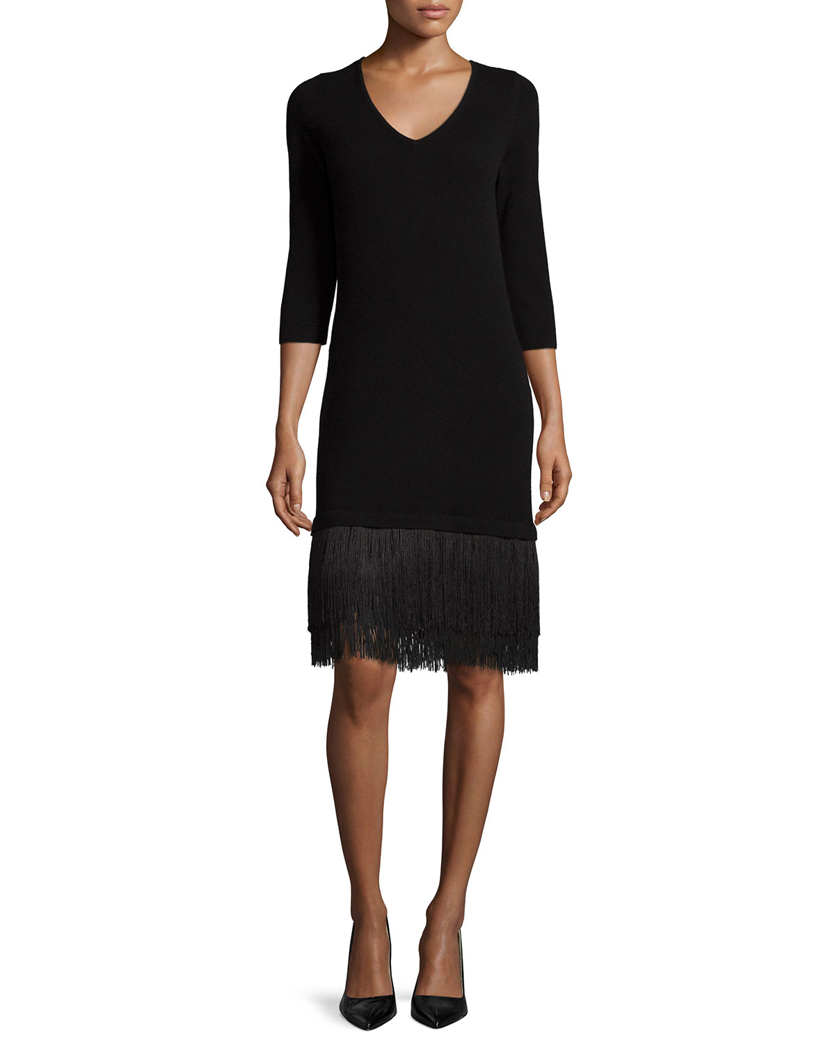 Lyst - Neiman Marcus Cashmere 3/4-sleeve Dress W/ Fringe Hem in Black