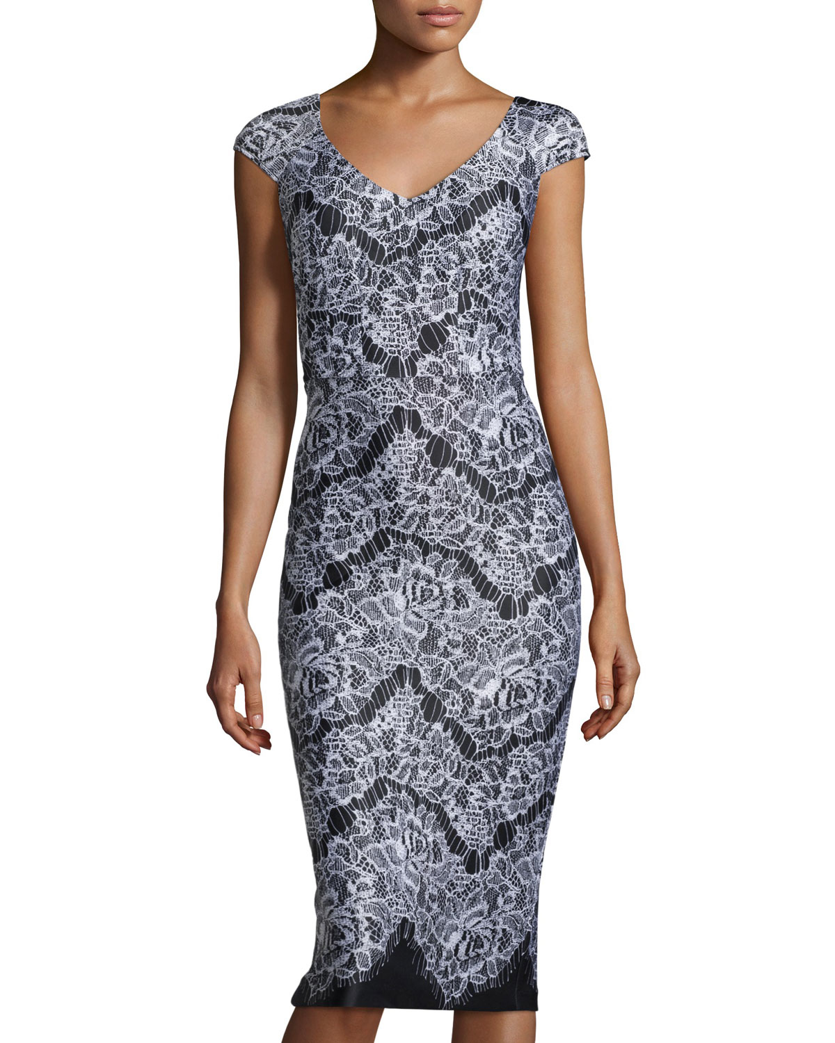 Lyst - Neiman Marcus Cap-sleeve Lace-print Midi Dress