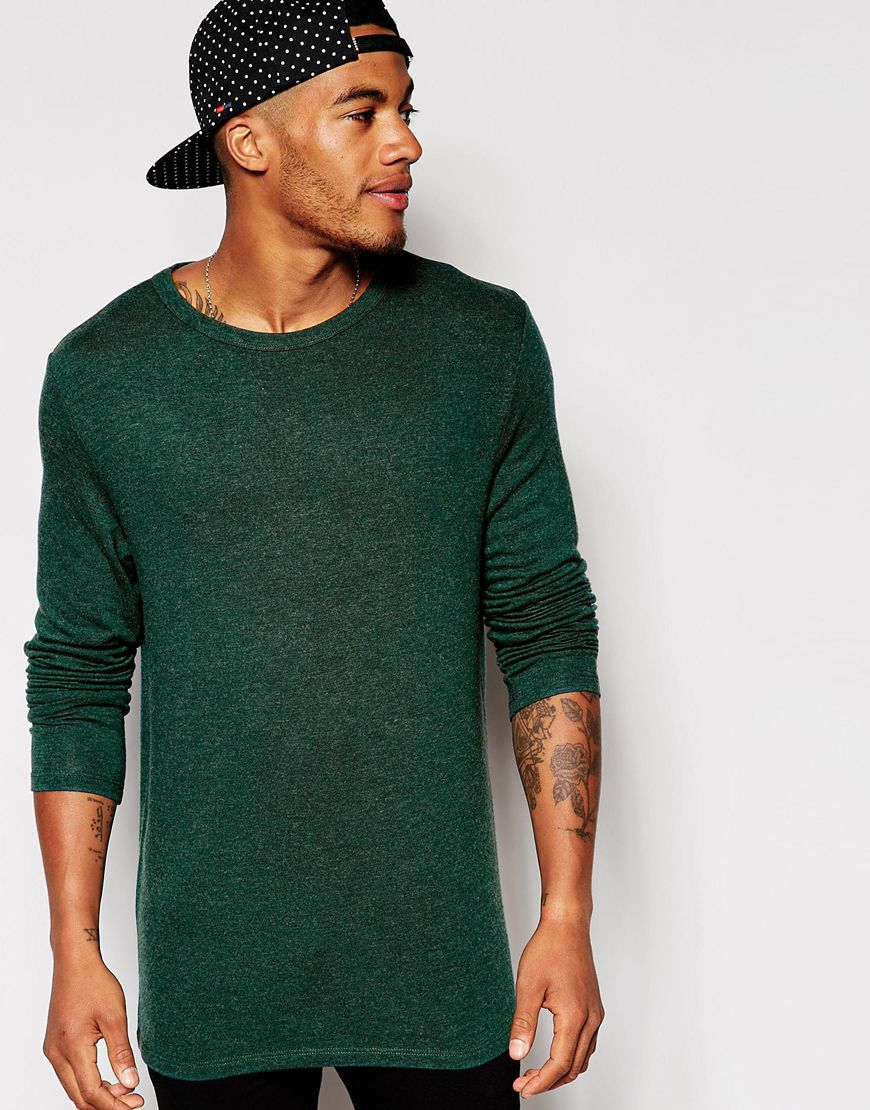 Lyst - Asos Longline Long Sleeve T-shirt With Textured Fabric in Green ...