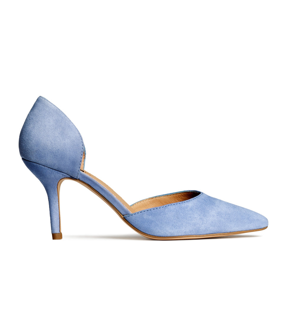 low heel blue court shoes