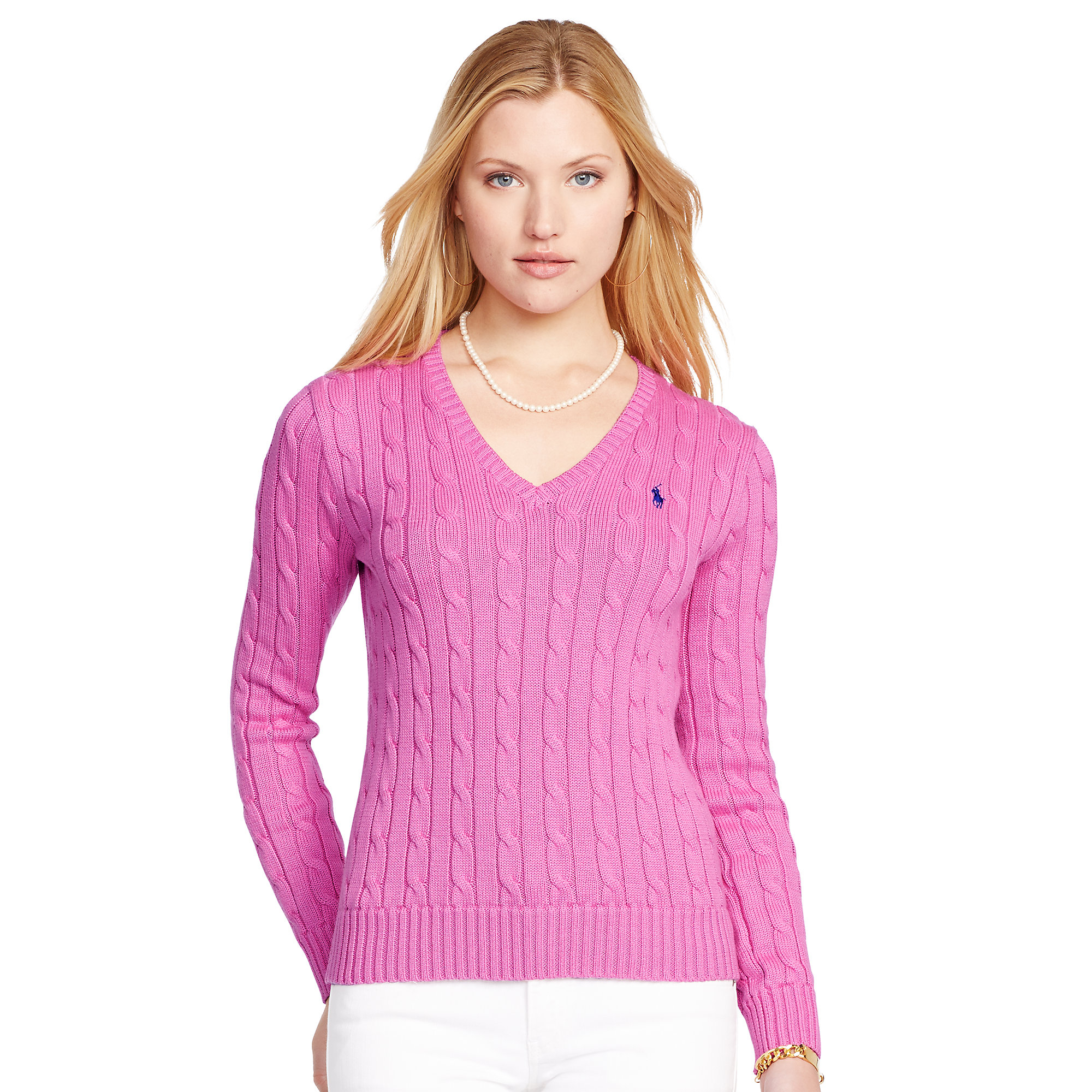 Lyst - Polo Ralph Lauren Cabled Cotton V-Neck Sweater in Pink
