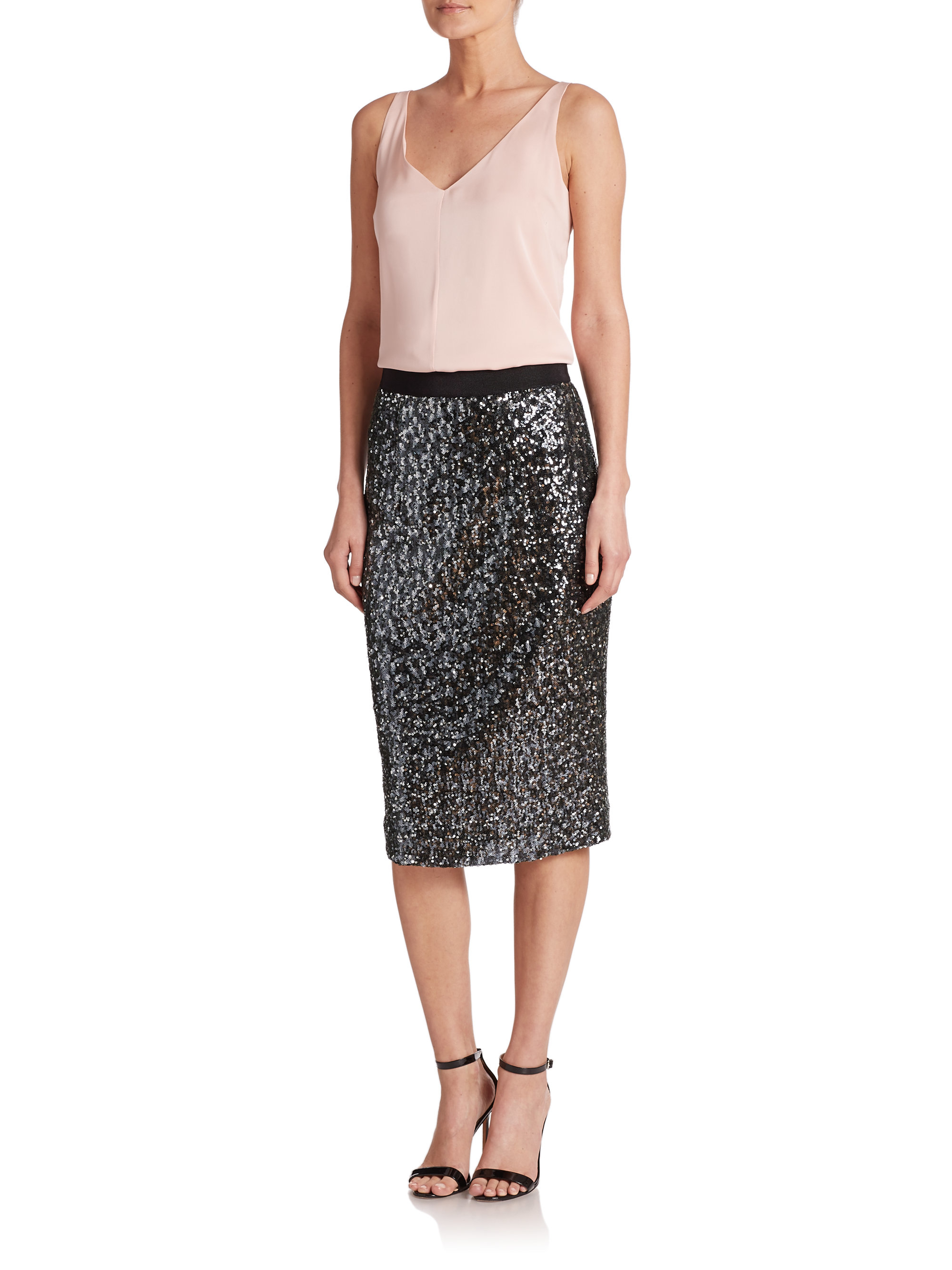 Milly Stretch Sequin Midi Skirt in Black | Lyst