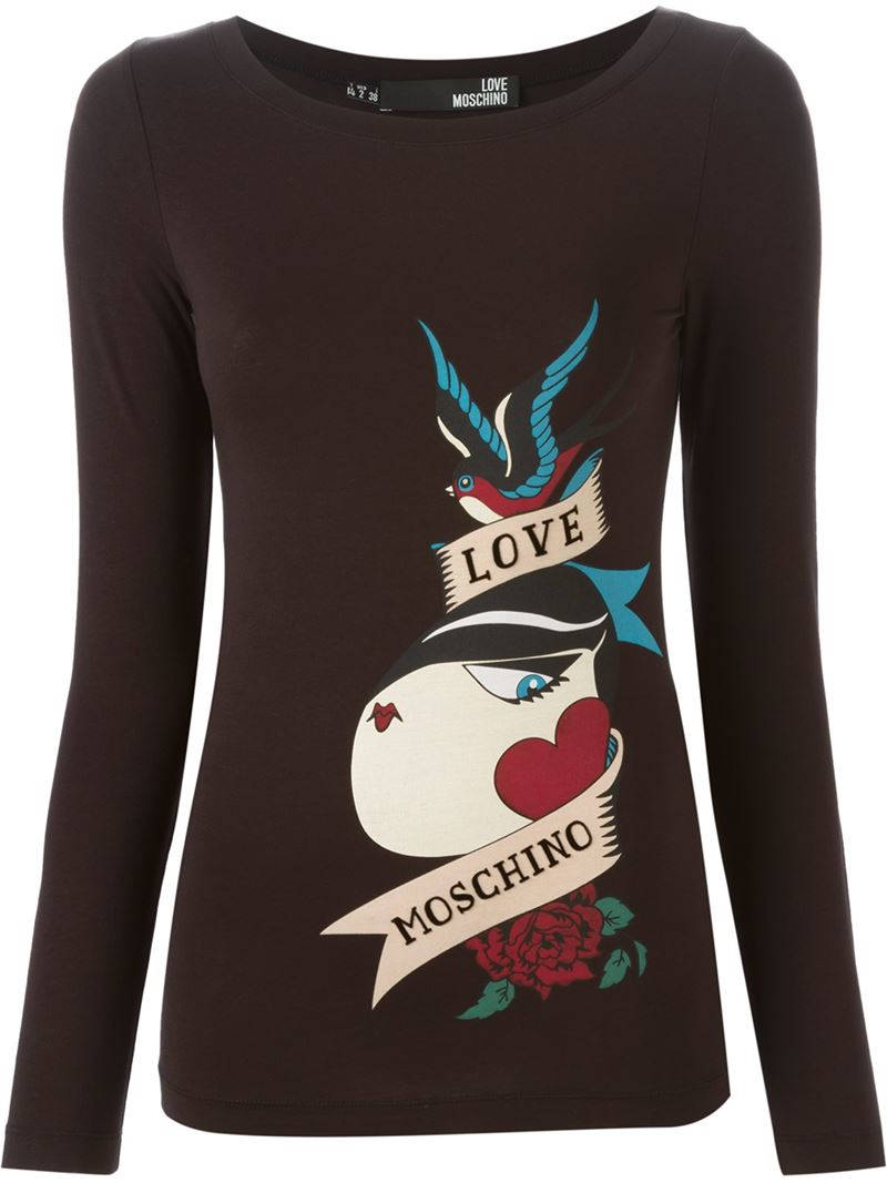 Long Sleeve Elk Print Black T Shirt