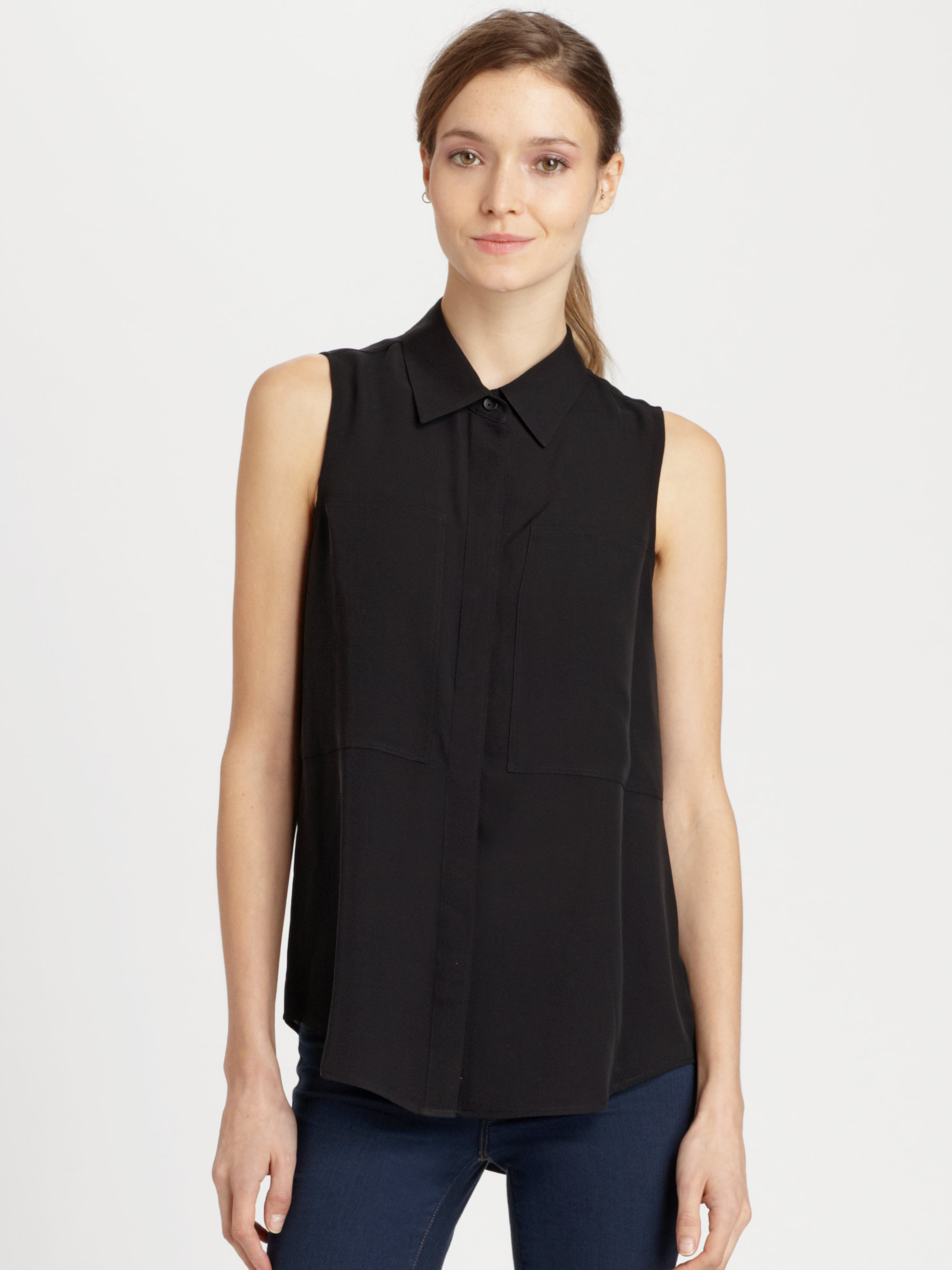 Lyst - Theory Duria Silk Sleeveless Blouse in Black