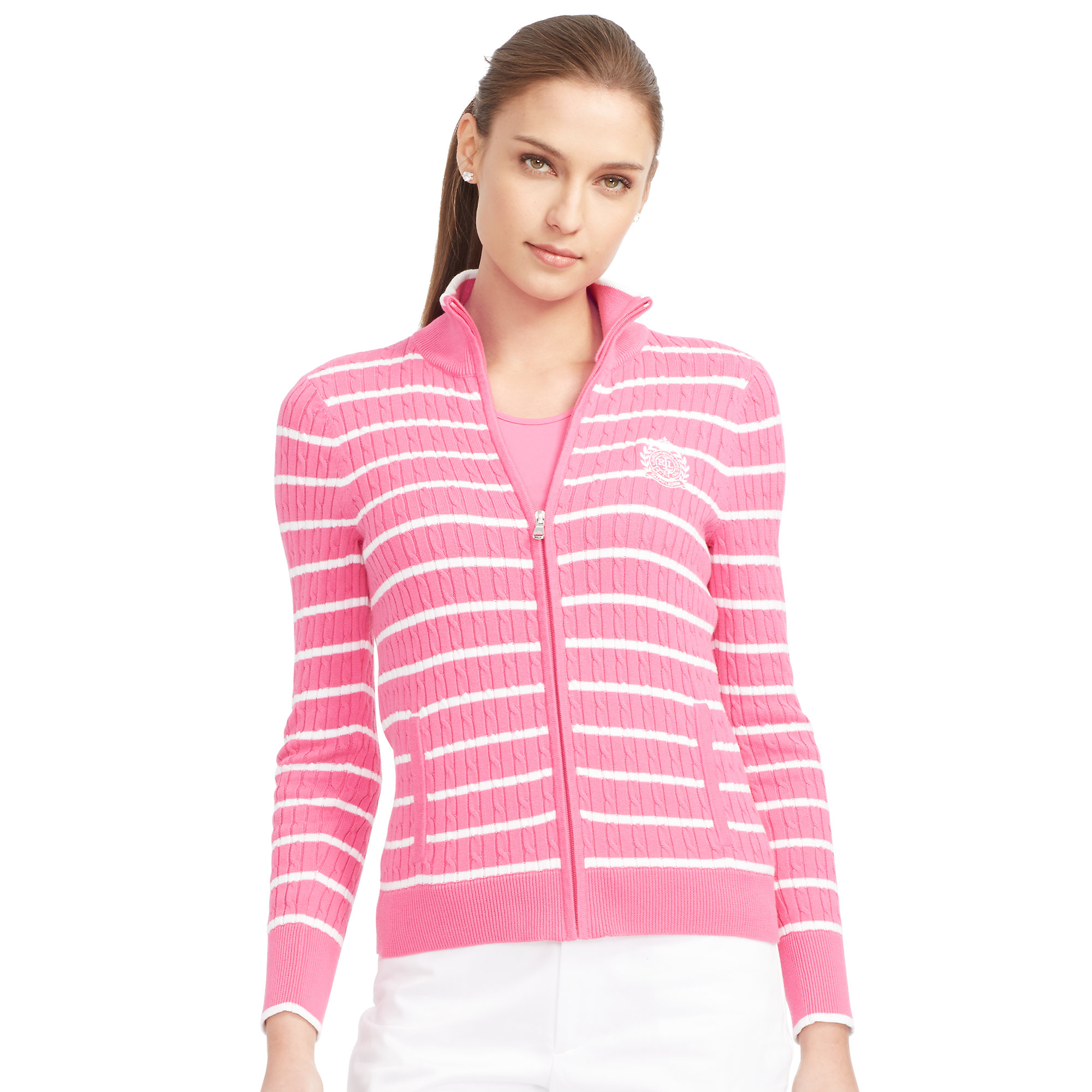 Lyst Ralph Lauren Striped Fullzip Sweater in Pink