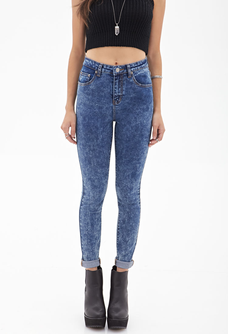 Lyst Forever 21 High Waisted Acid Wash Jeans In Blue 