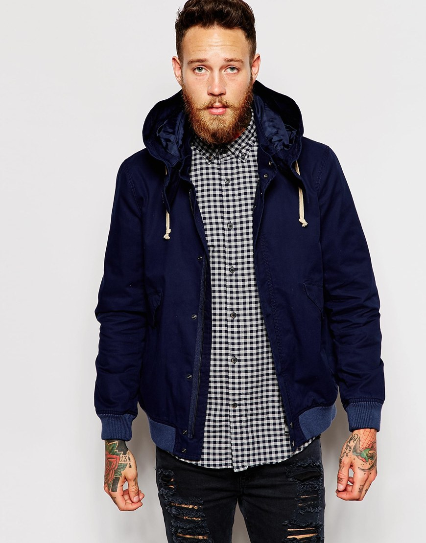 Download Asos Twill Hooded Jacket In Navy in Blue for Men | Lyst