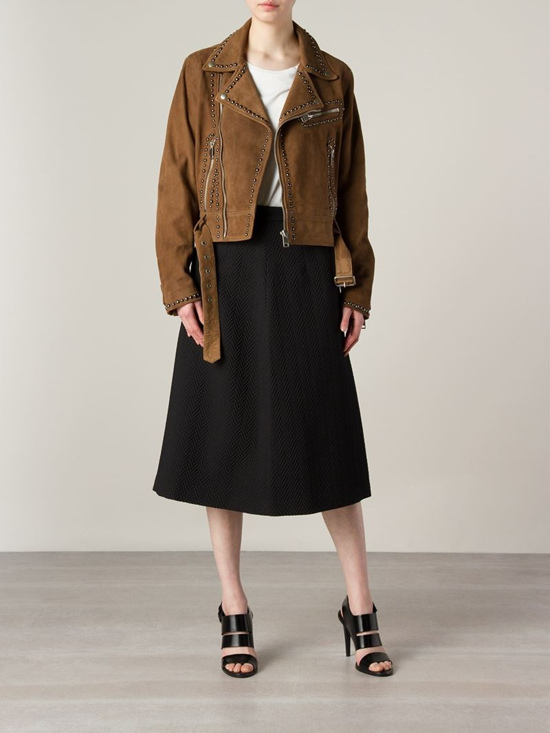 Lyst Sel Studded Leather Biker Jacket In Brown Gallery