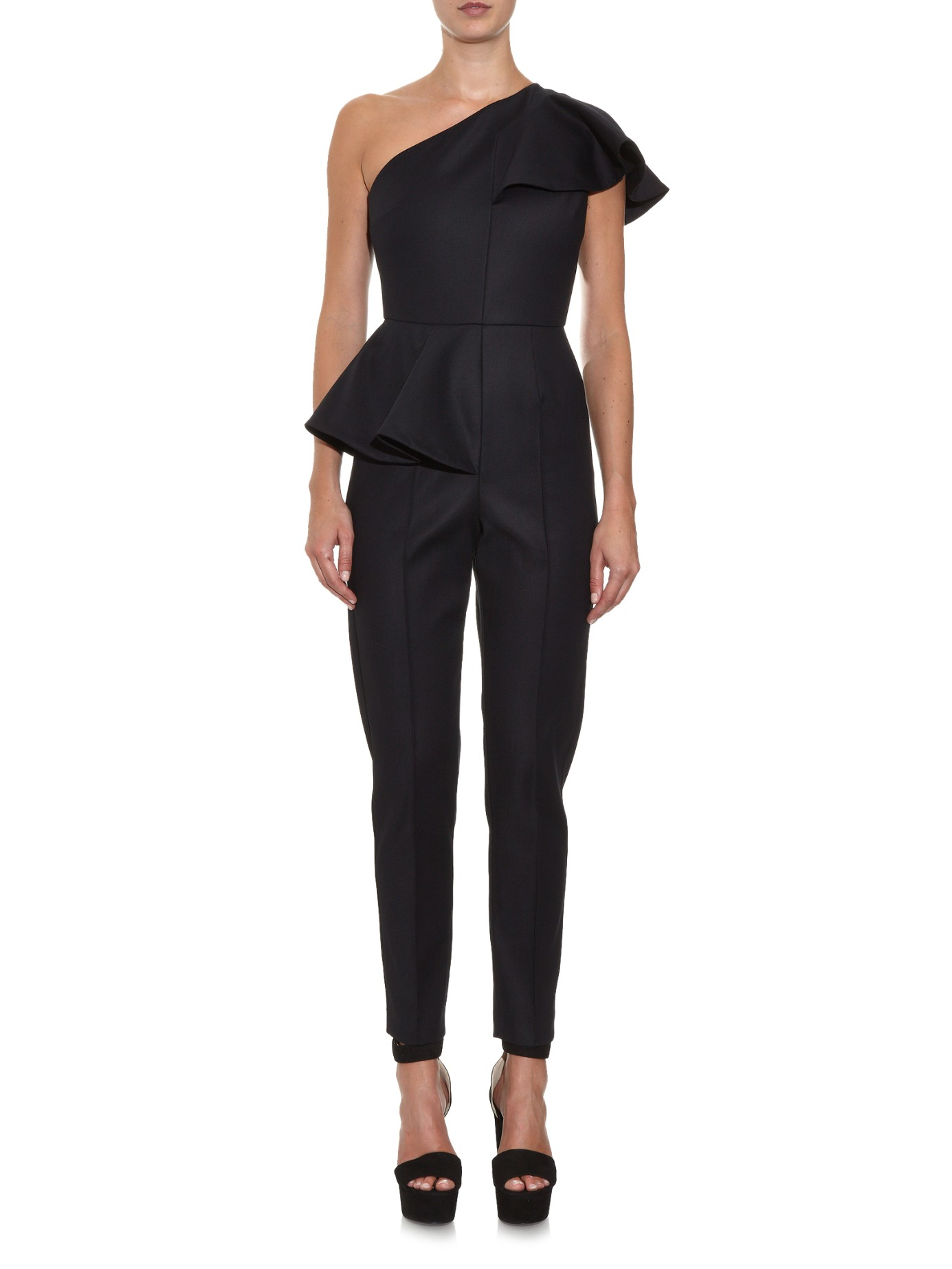 Msgm Ruffled One-shoulder Slim-leg Jumpsuit in Black | Lyst