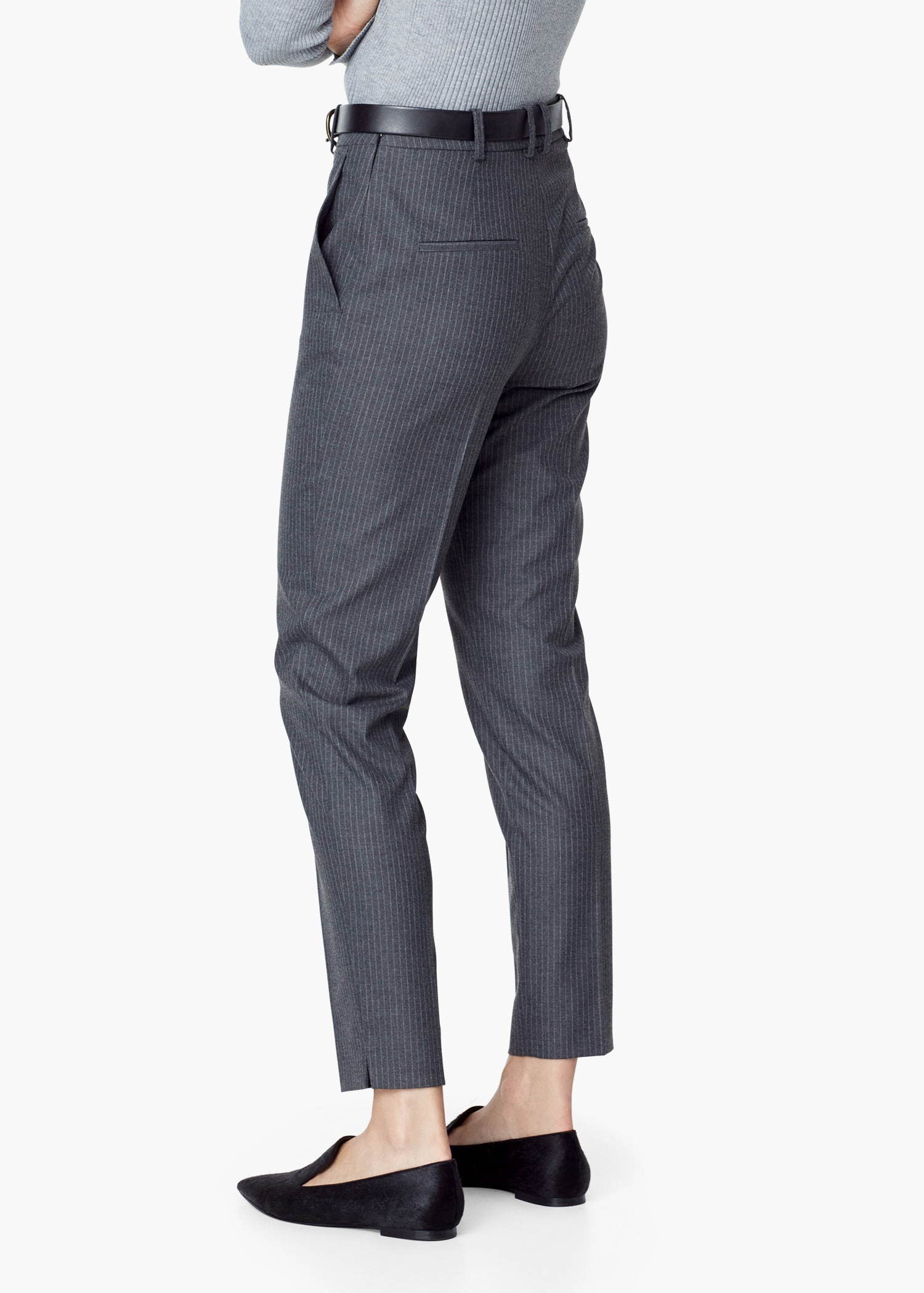 grey trousers with white stripe