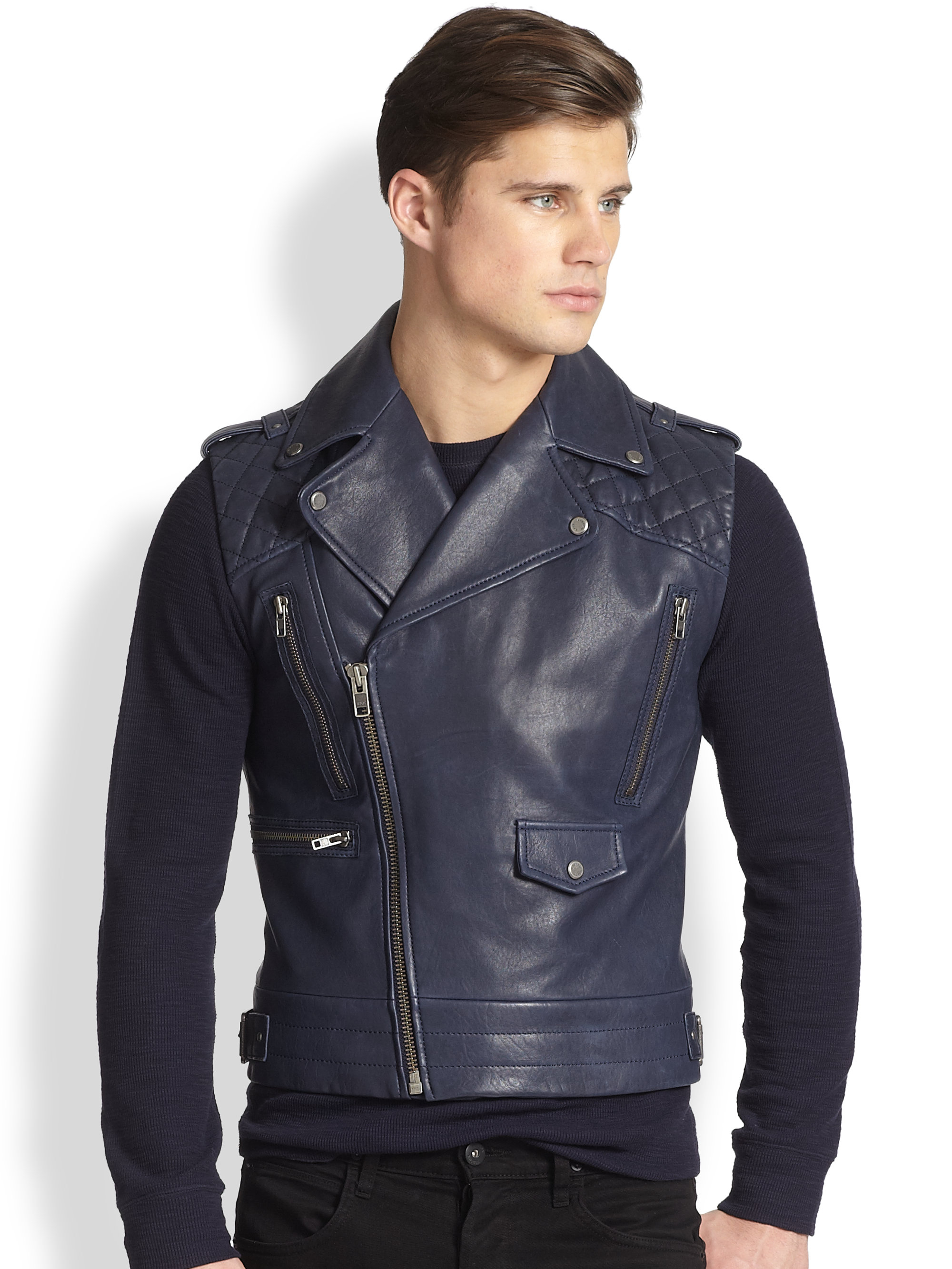 Andrew marc Jagger Asymmetrical Leather Vest in Blue for Men Lyst