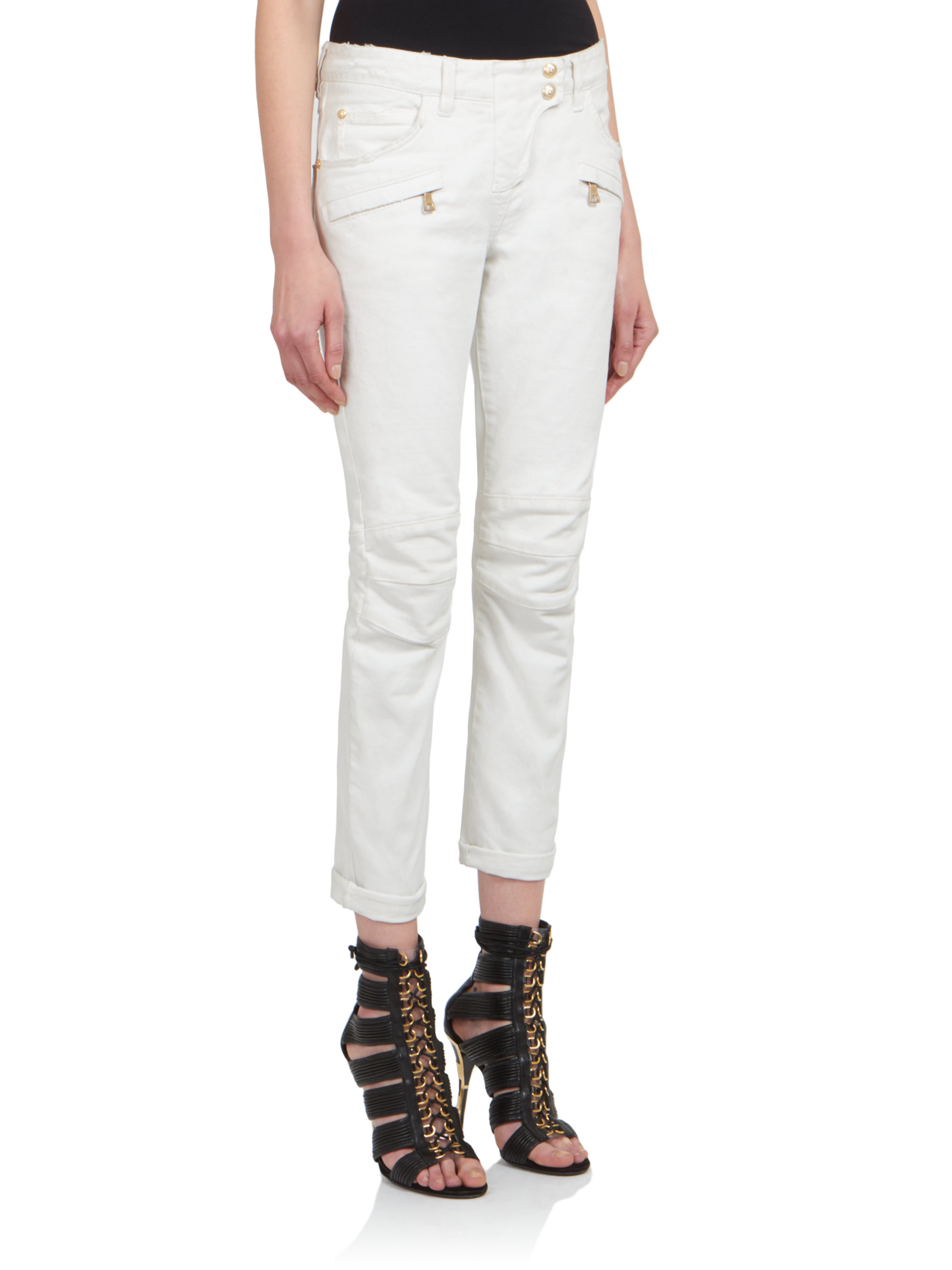 Balmain Cropped Moto Jeans in White | Lyst