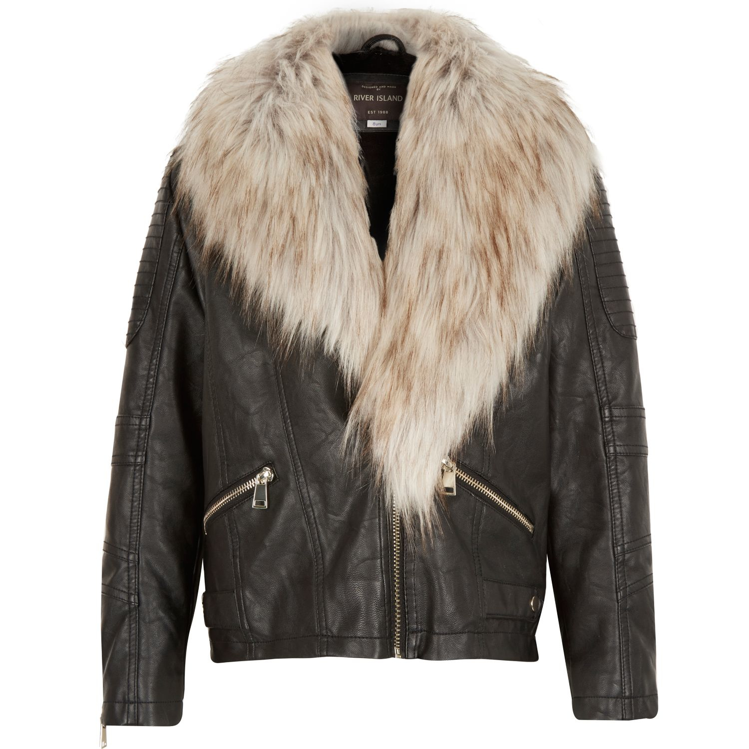 River Island | Girls Black Leather-look Faux Fur Trim Jacket | Lyst