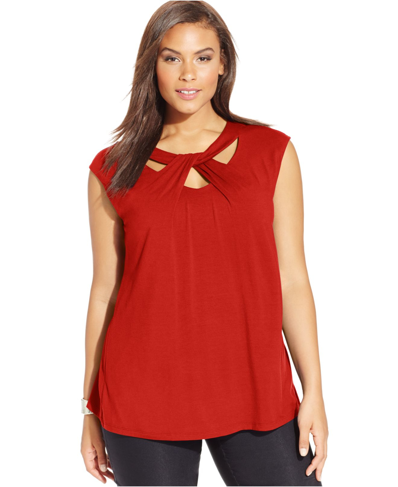Lyst - Inc International Concepts Plus Size Cap-sleeve Cutout Top in Red