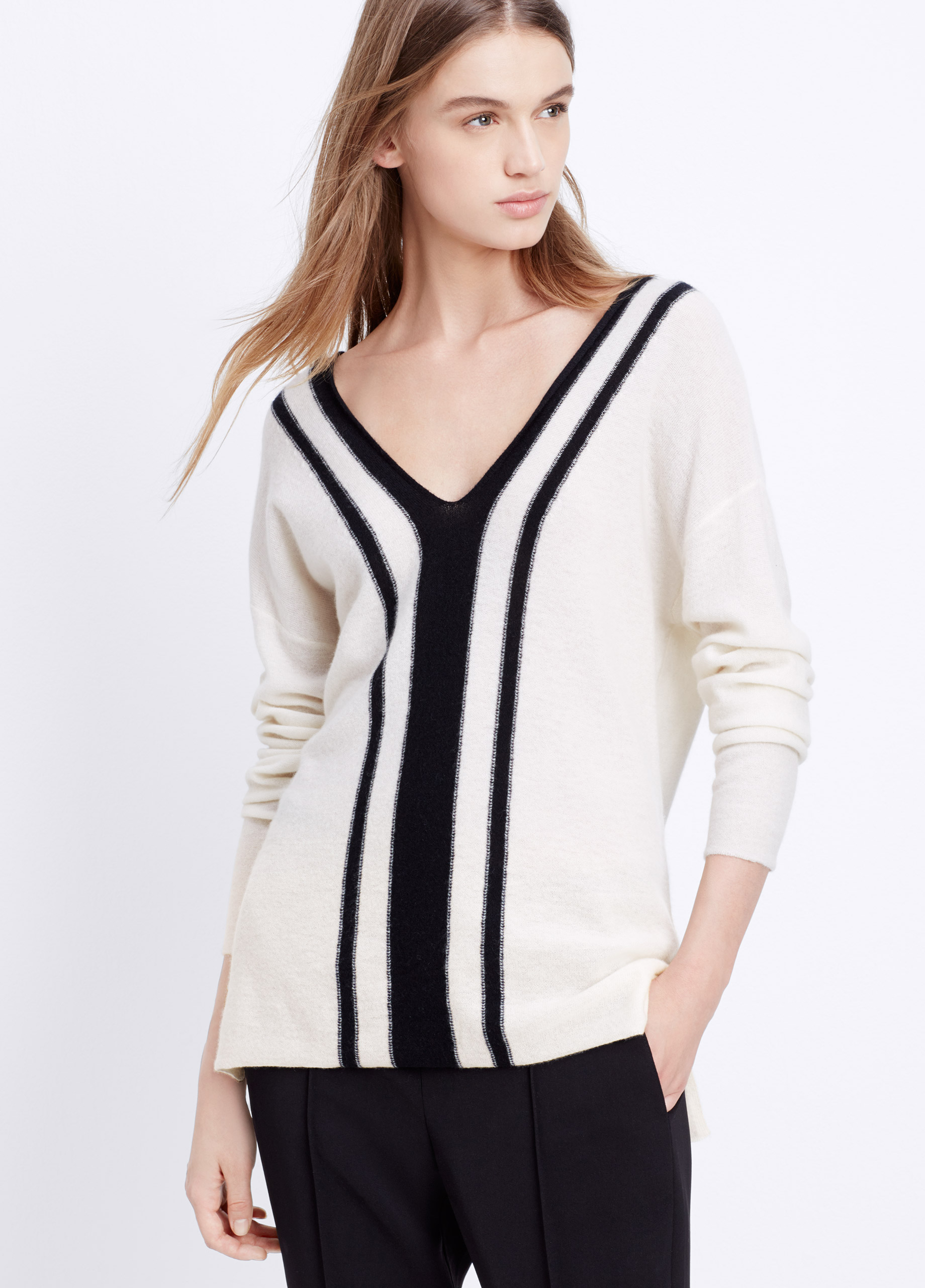 Lyst - Vince Cashmere Colorblock Stripe Double V-Neck Sweater in Black