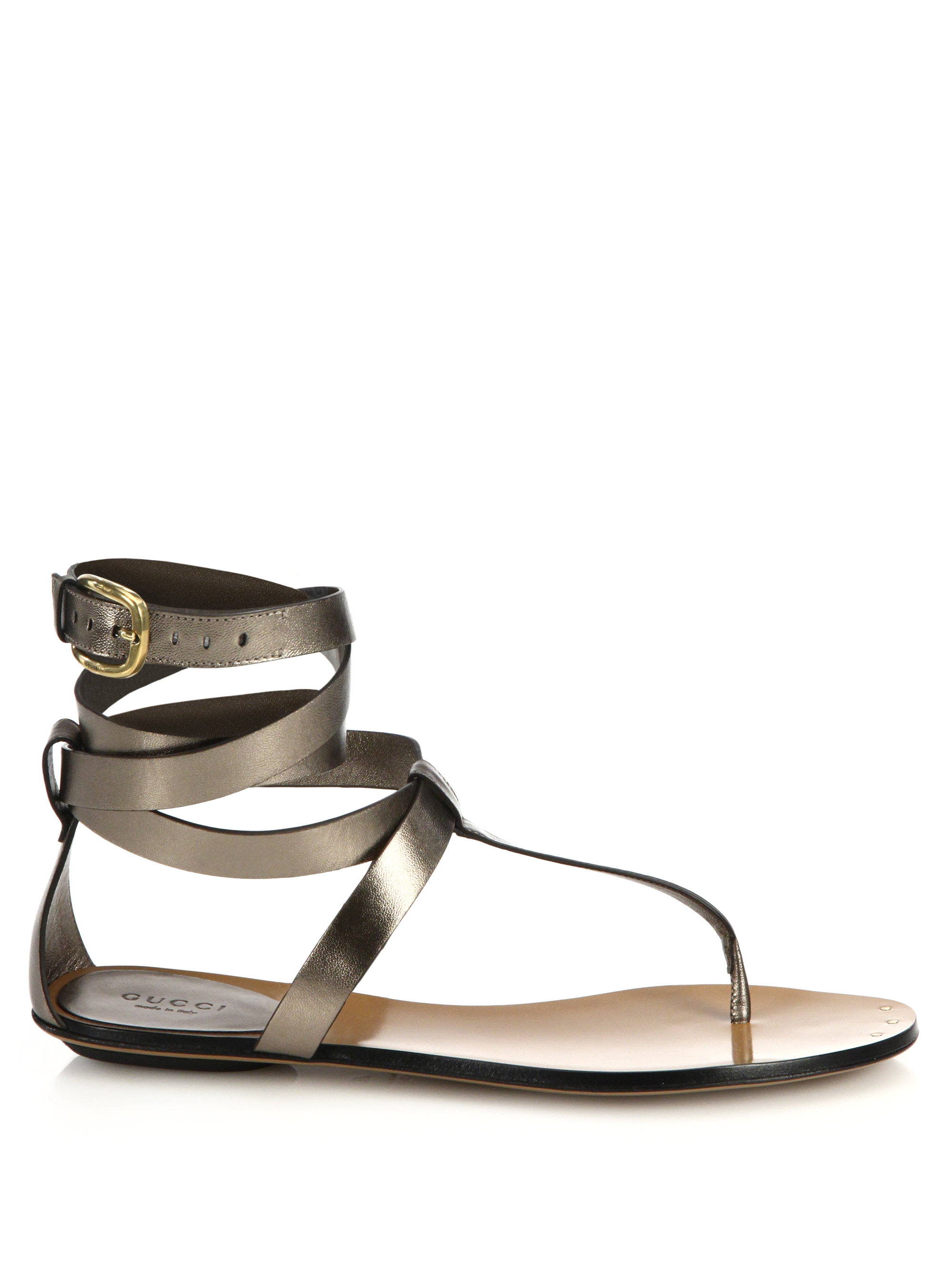 Gucci Metallic Leather Thong Sandals in Silver (GUNMETAL) | Lyst