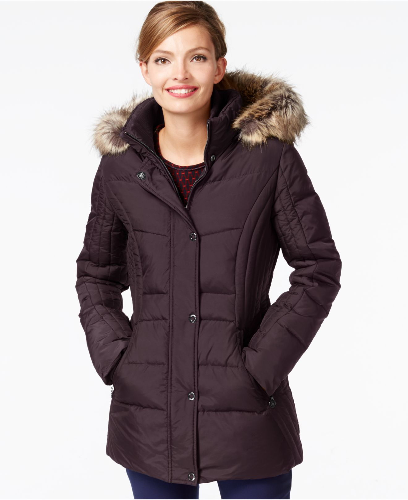 Anne klein Faux-fur-trim Contrast-quilted Down Coat in Purple | Lyst