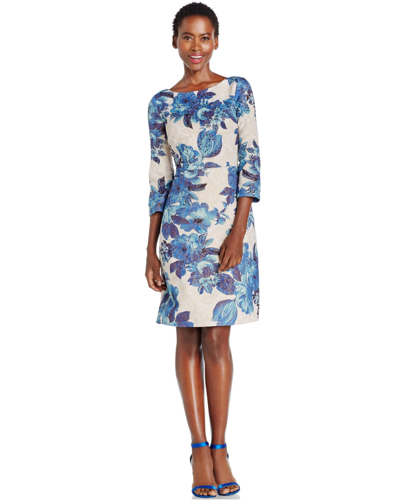 Adrianna papell Floral-print A-line Dress in Blue | Lyst