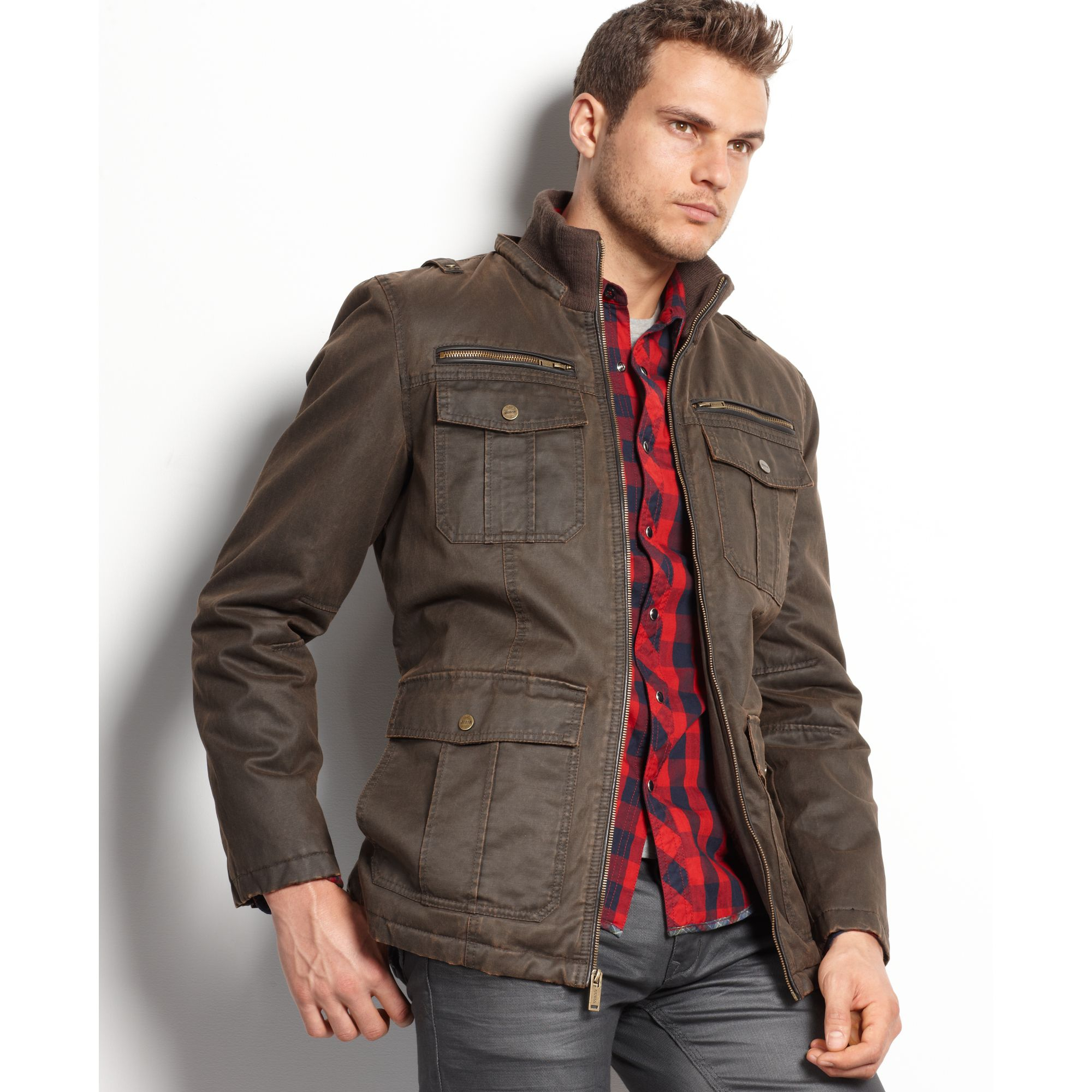 Guess Coat, Antique-Finish Hooded Jacket in Brown for Men | Lyst