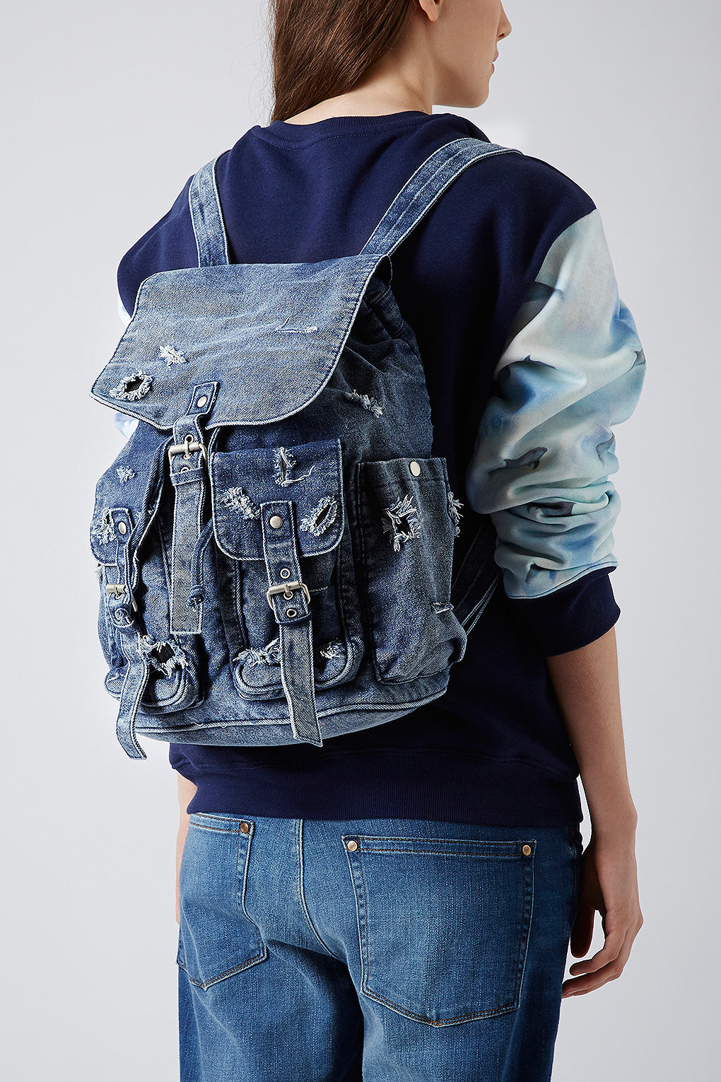 Lyst - Topshop Ripped Denim Backpack in Blue