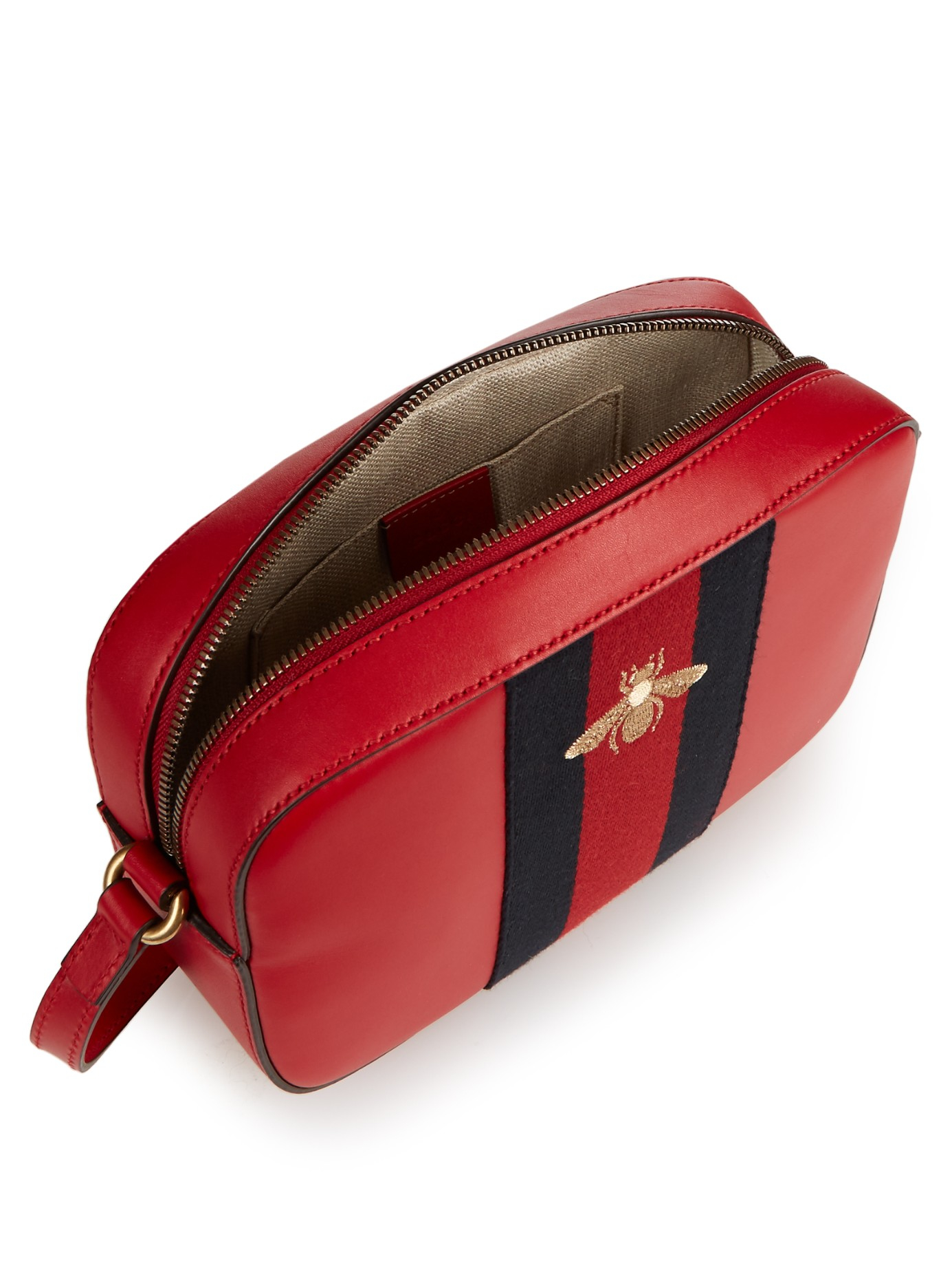 Gucci Line Bee-Embroidered Leather Cross-Body Bag in Red | Lyst