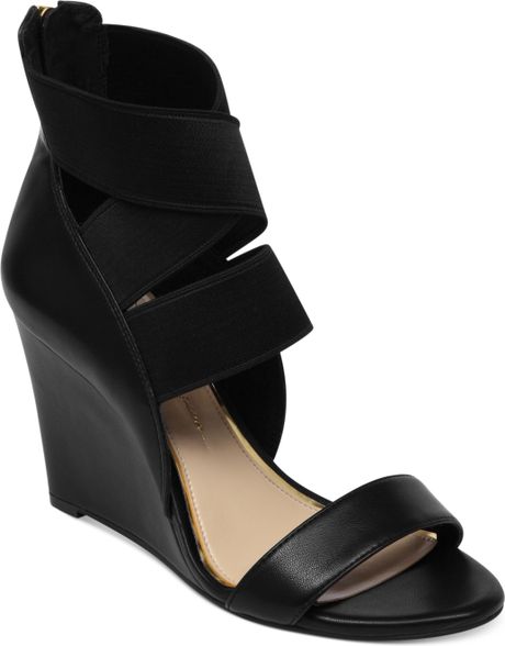 Jessica Simpson Maddalo Elastic Wedge Sandals in Black (Black Leather ...