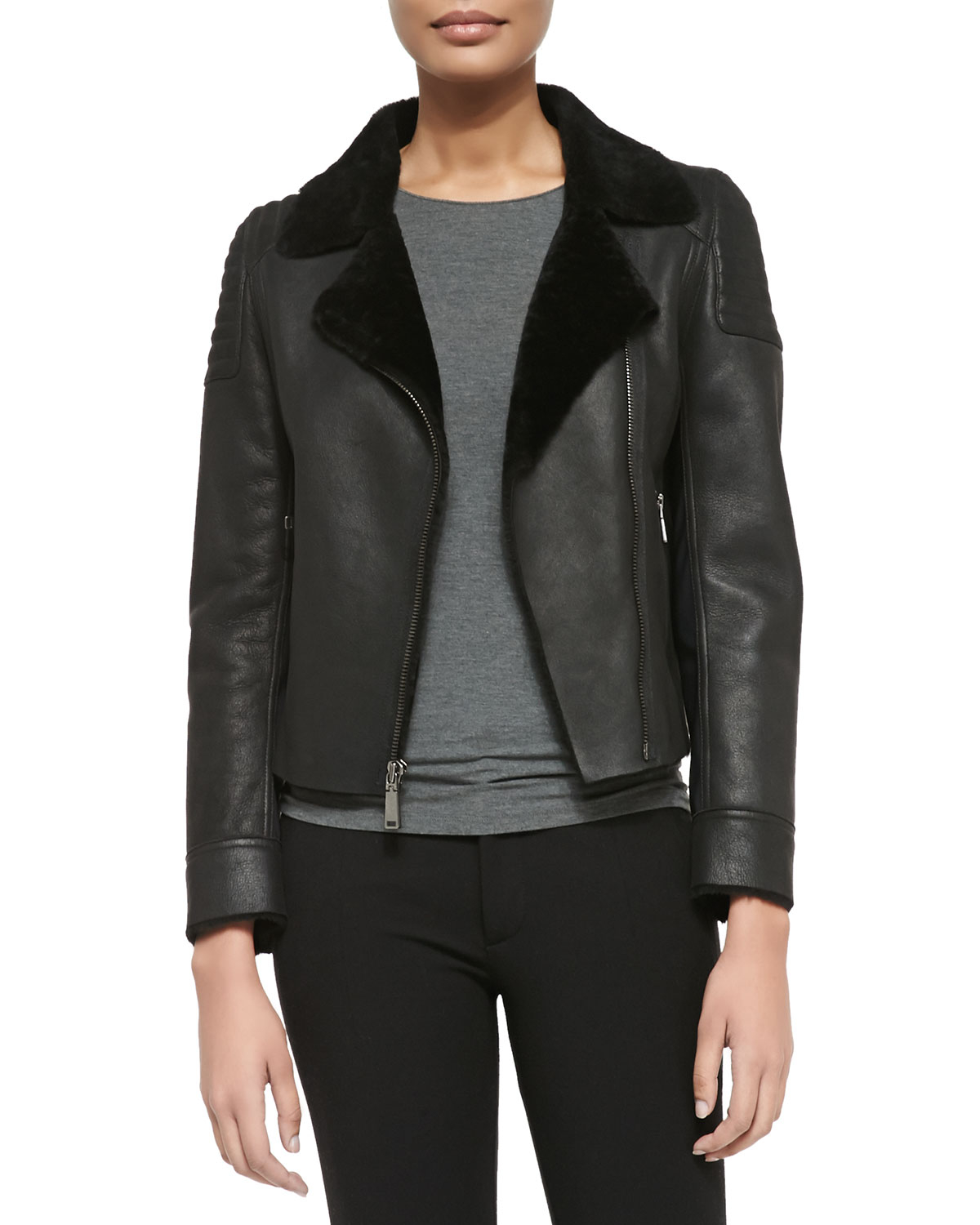 Elie tahari Mae Leather Zip Jacket W/ Shearling Fur Lapels in Black | Lyst