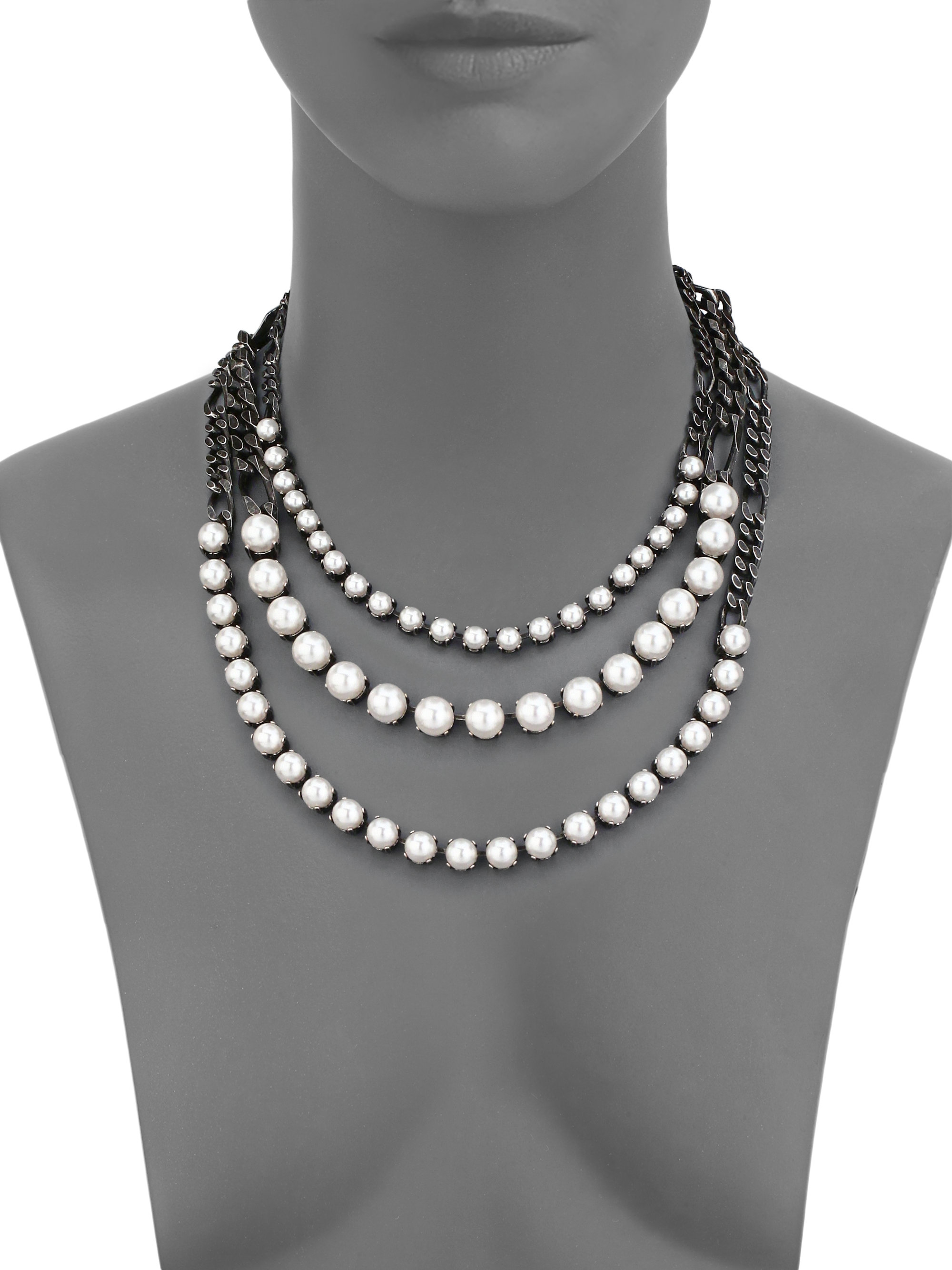 Lyst - Lanvin Faux Pearl Three-strand Chain Necklace in Gray