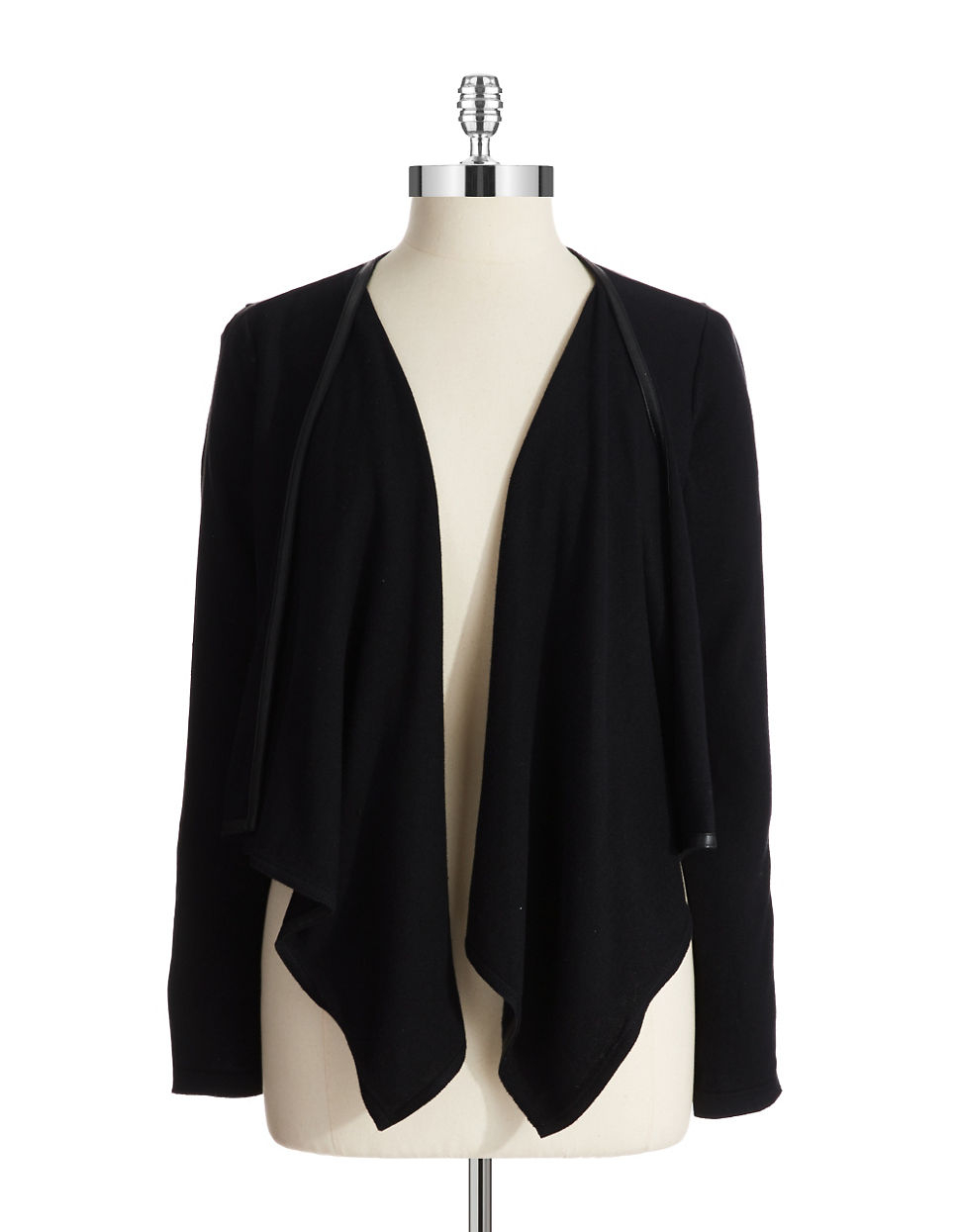 Calvin klein Faux Leather Trimmed Flyaway Cardigan in Black | Lyst