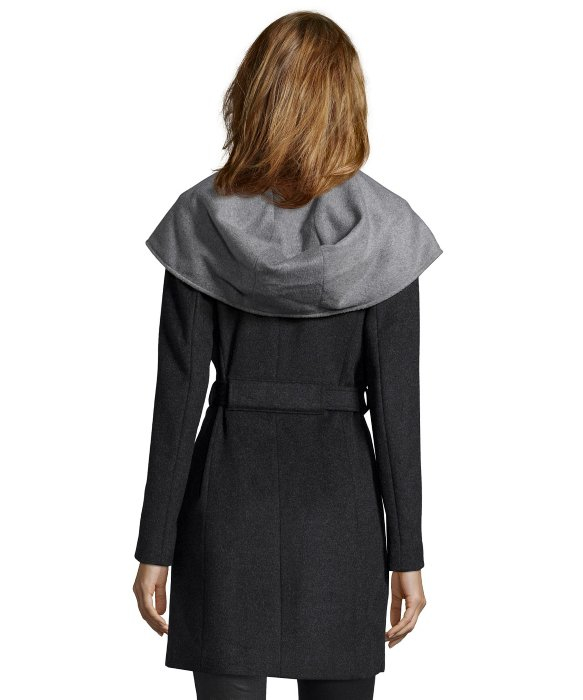 Lyst Dkny Charcoal Wool Blend Hooded Shawl Collar Belted Wrap Coat in