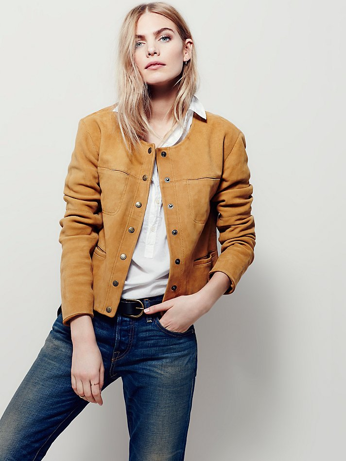 Free people Collarless Saddle Stitch Suede Jacket in Brown | Lyst