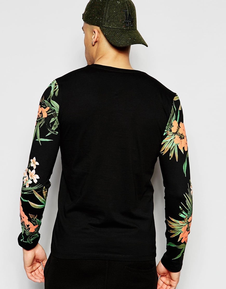 Lyst - Asos Long Sleeve T-shirts With Floral Print Sleeves in Black for Men