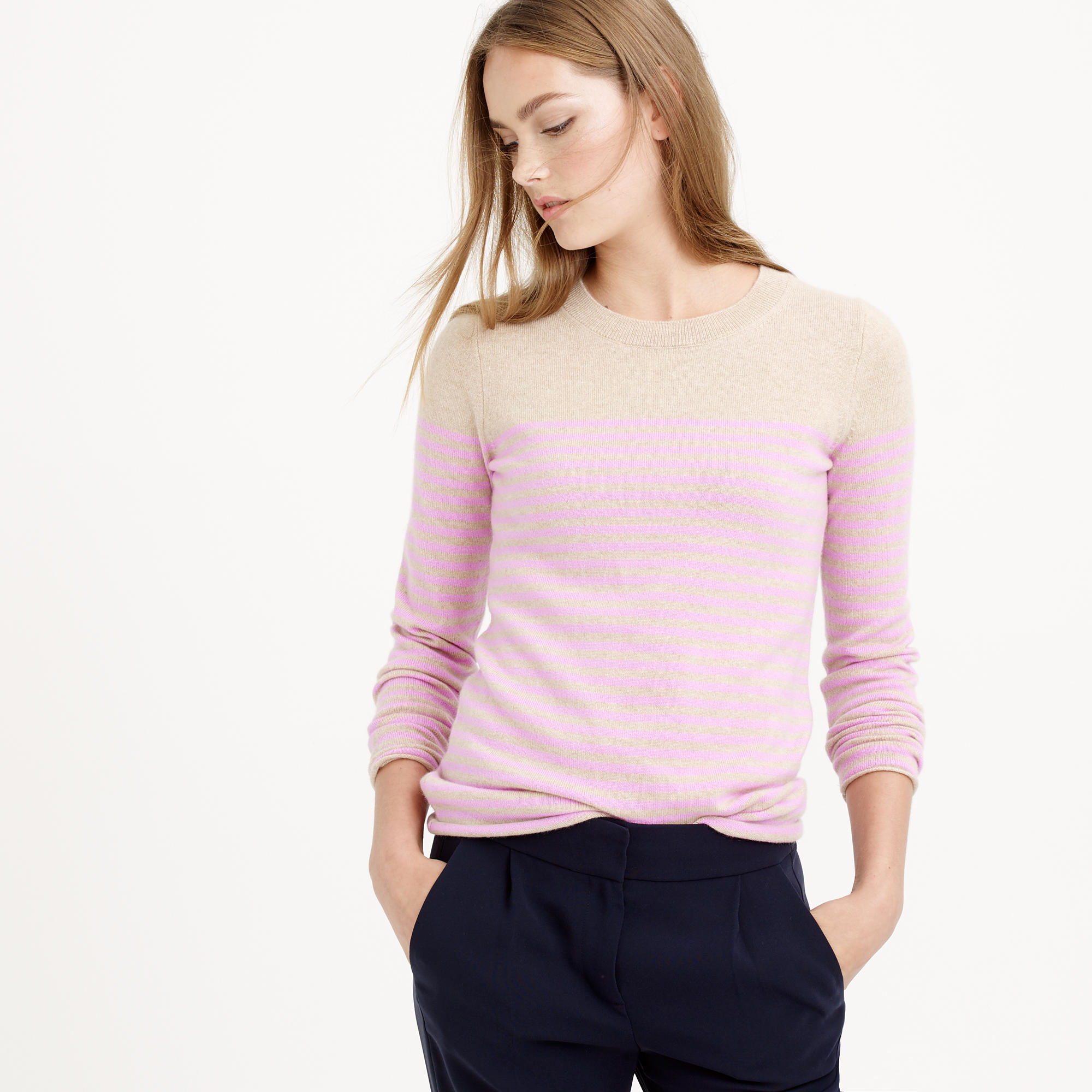 J.crew Collection Cashmere Longsleeve Tshirt In Stripe in Beige (flax