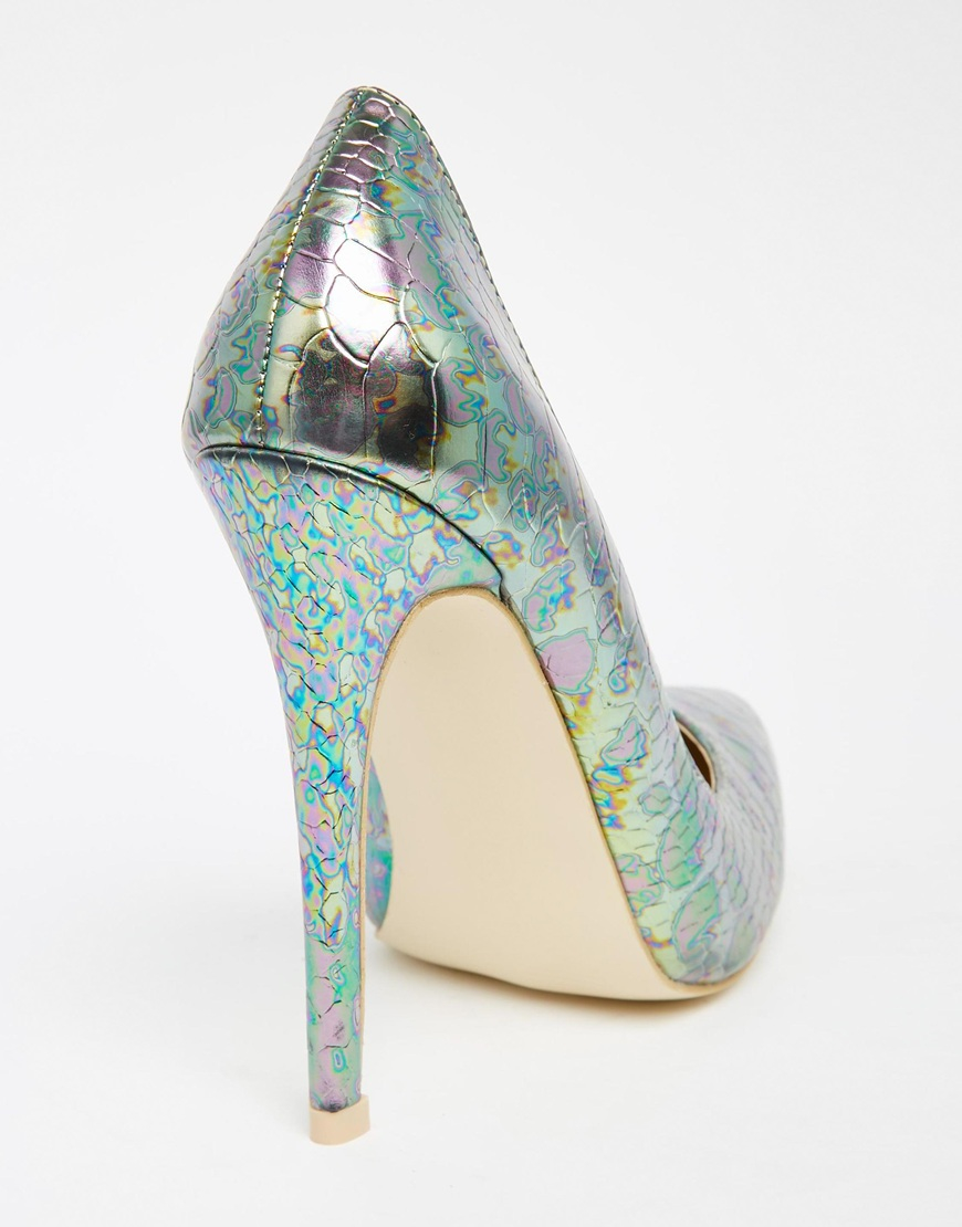 Lyst - Daisy Street Iridescent Green Snake Effect Pointed Pumps in Green