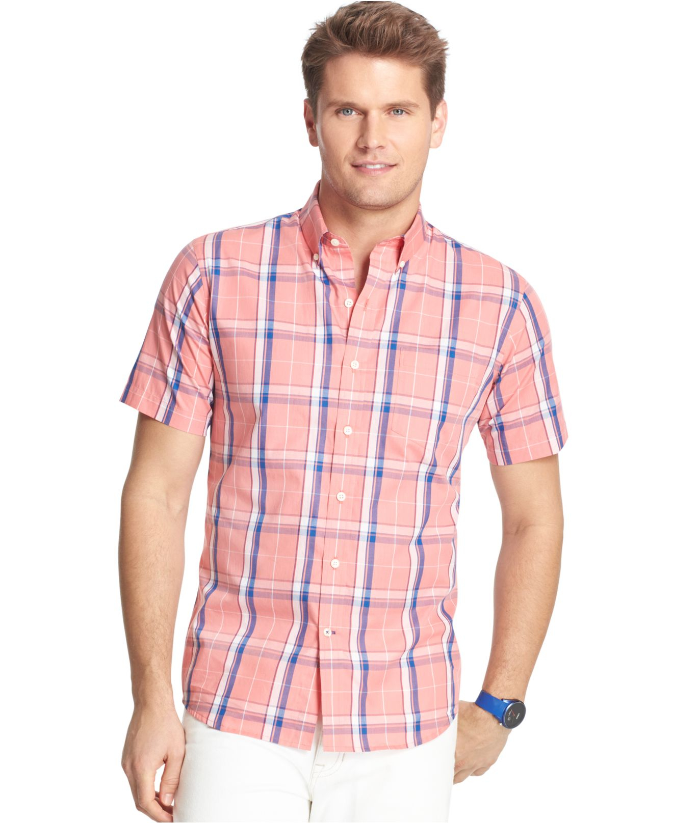 Lyst - Izod Short-sleeve Plaid Poplin Shirt in Pink for Men